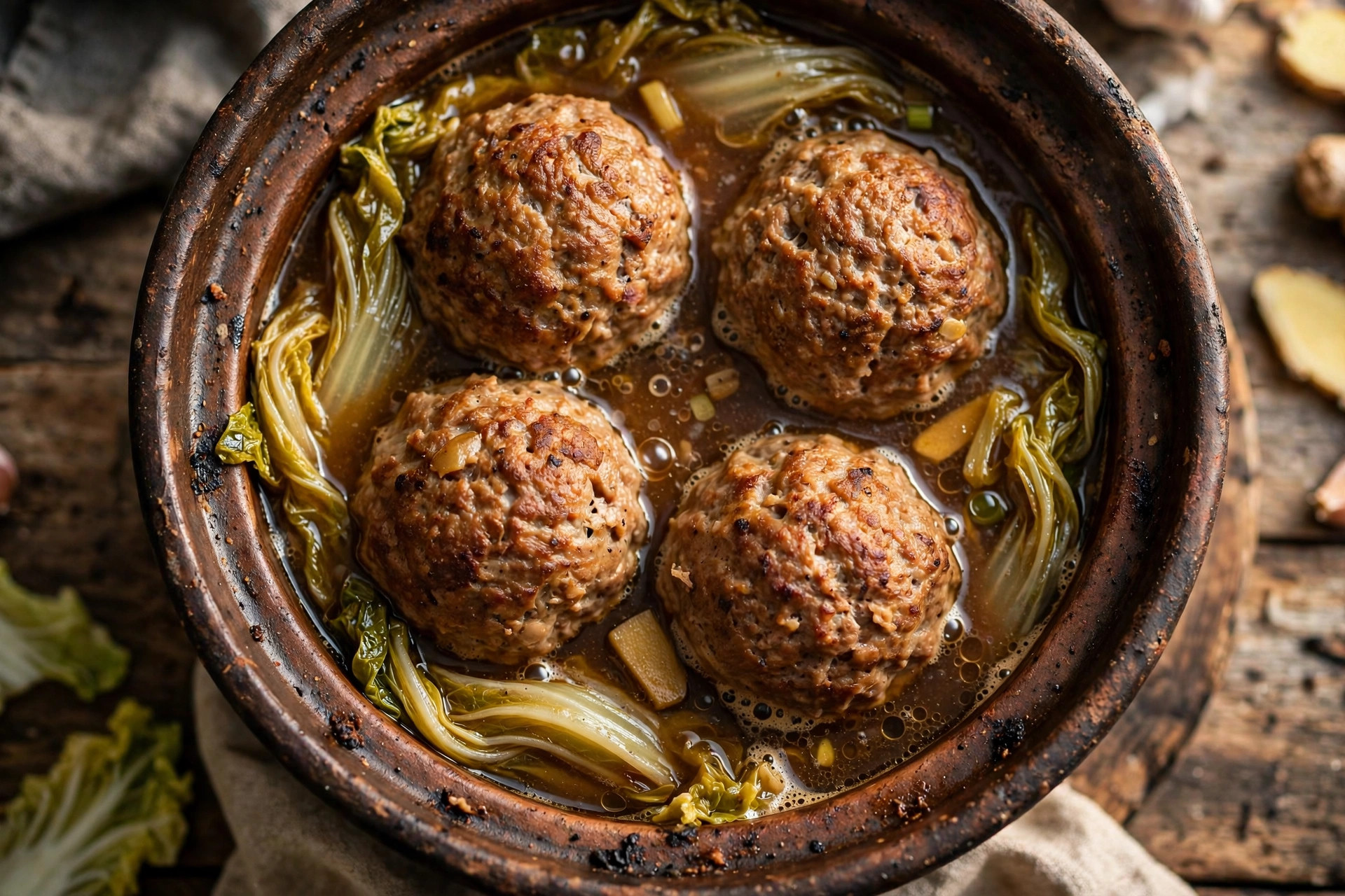 Lion's head meatballs braising in a clay pot with cabbage and rich brown broth