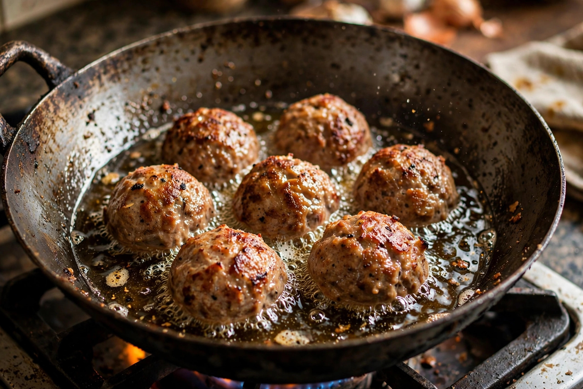 Large pork meatballs frying in a wok, turning deep golden brown on all sides