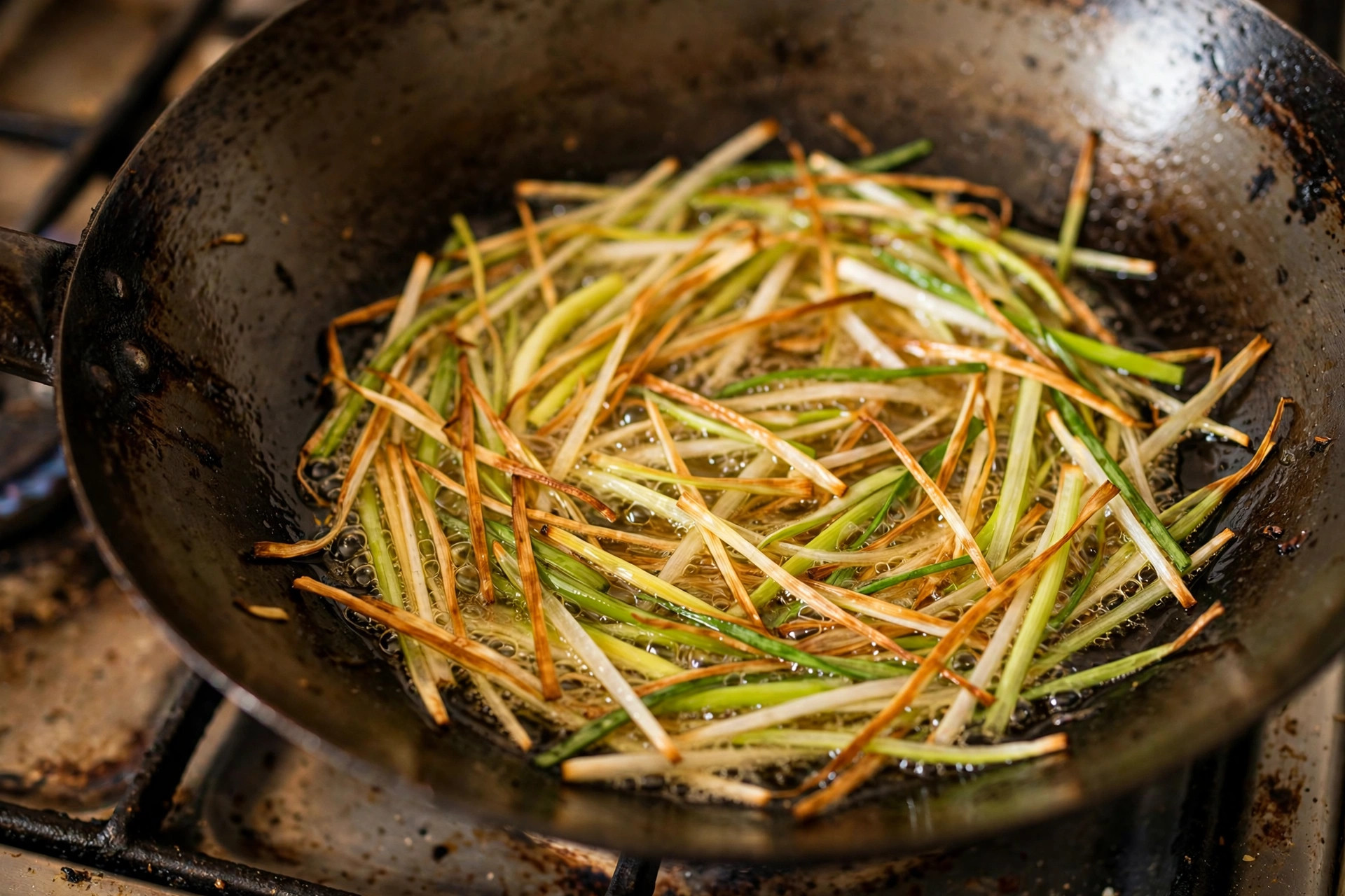 Scallions frying slowly in oil in a wok, turning golden brown