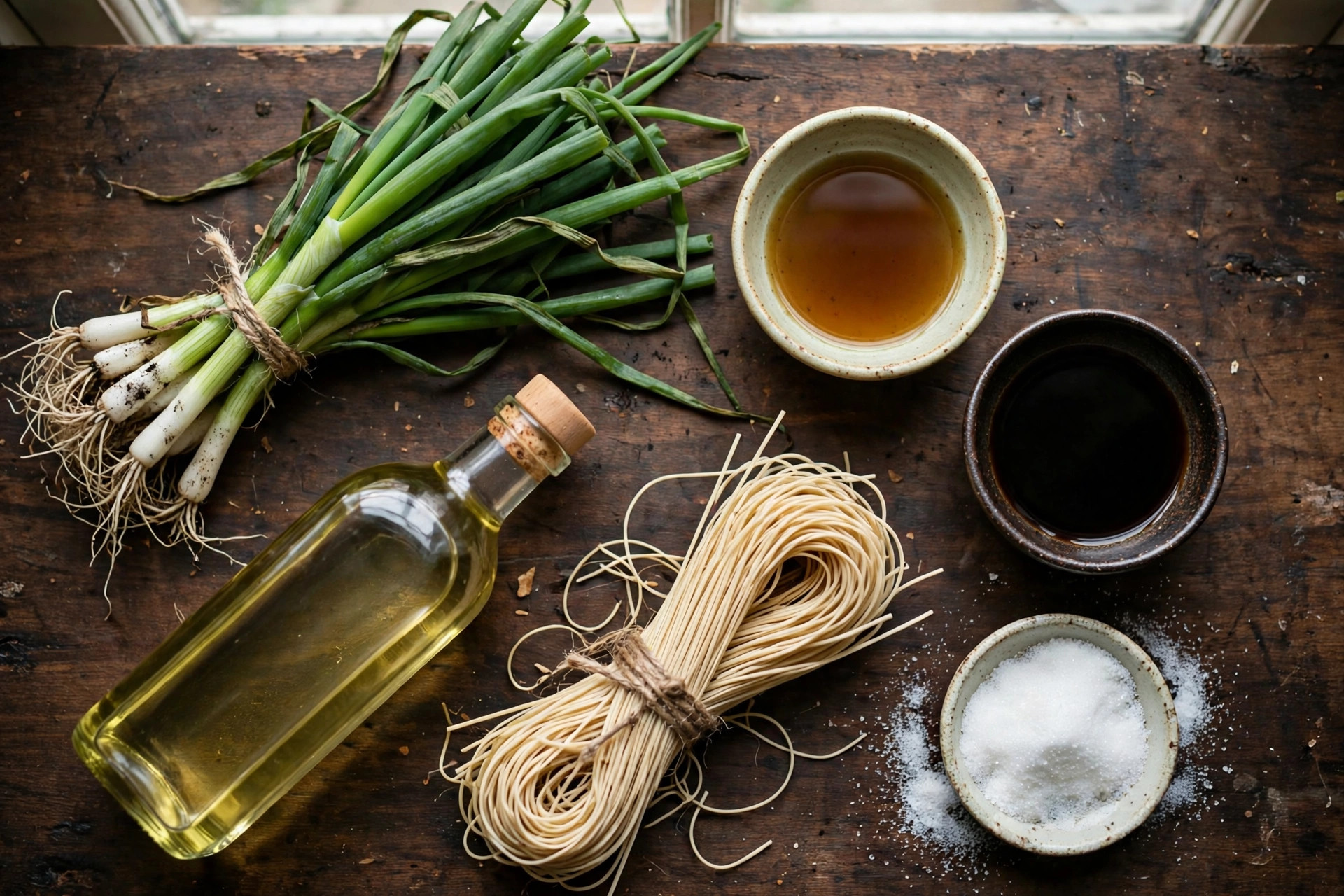 Ingredients for scallion oil noodles: fresh scallions, light and dark soy sauce, sugar, dried wheat noodles