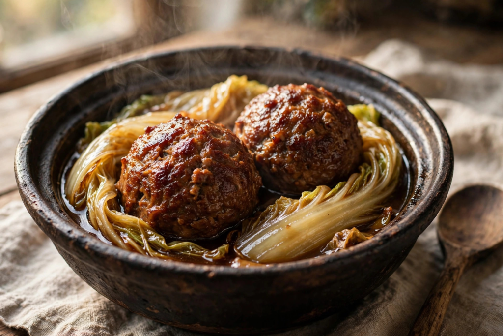 Lion's head meatballs braised with napa cabbage in a clay pot