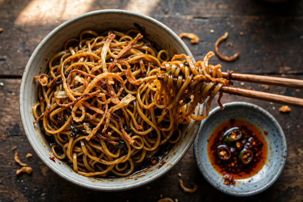 Bowl of Shanghai scallion oil noodles with crispy fried scallions and chopsticks