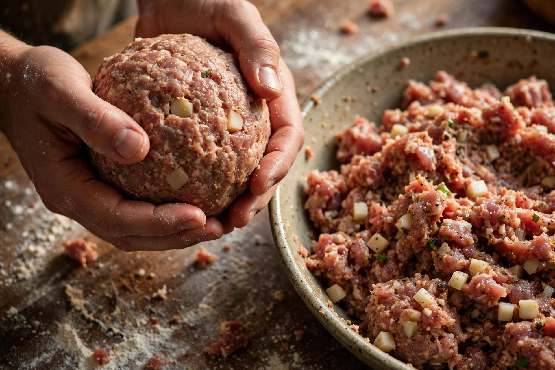 Hands shaping a large pork meatball for lion's head, mixture in a bowl nearby