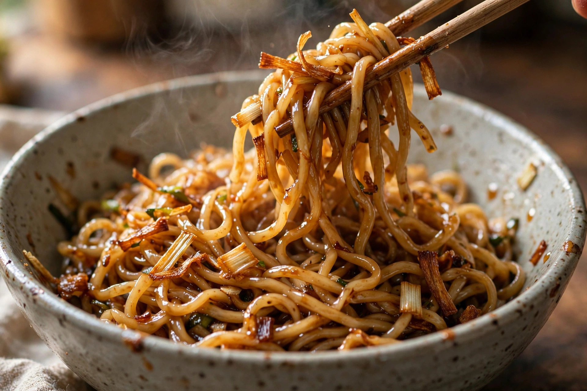 A bowl of glossy scallion oil noodles being tossed with chopsticks, crispy scallions on top