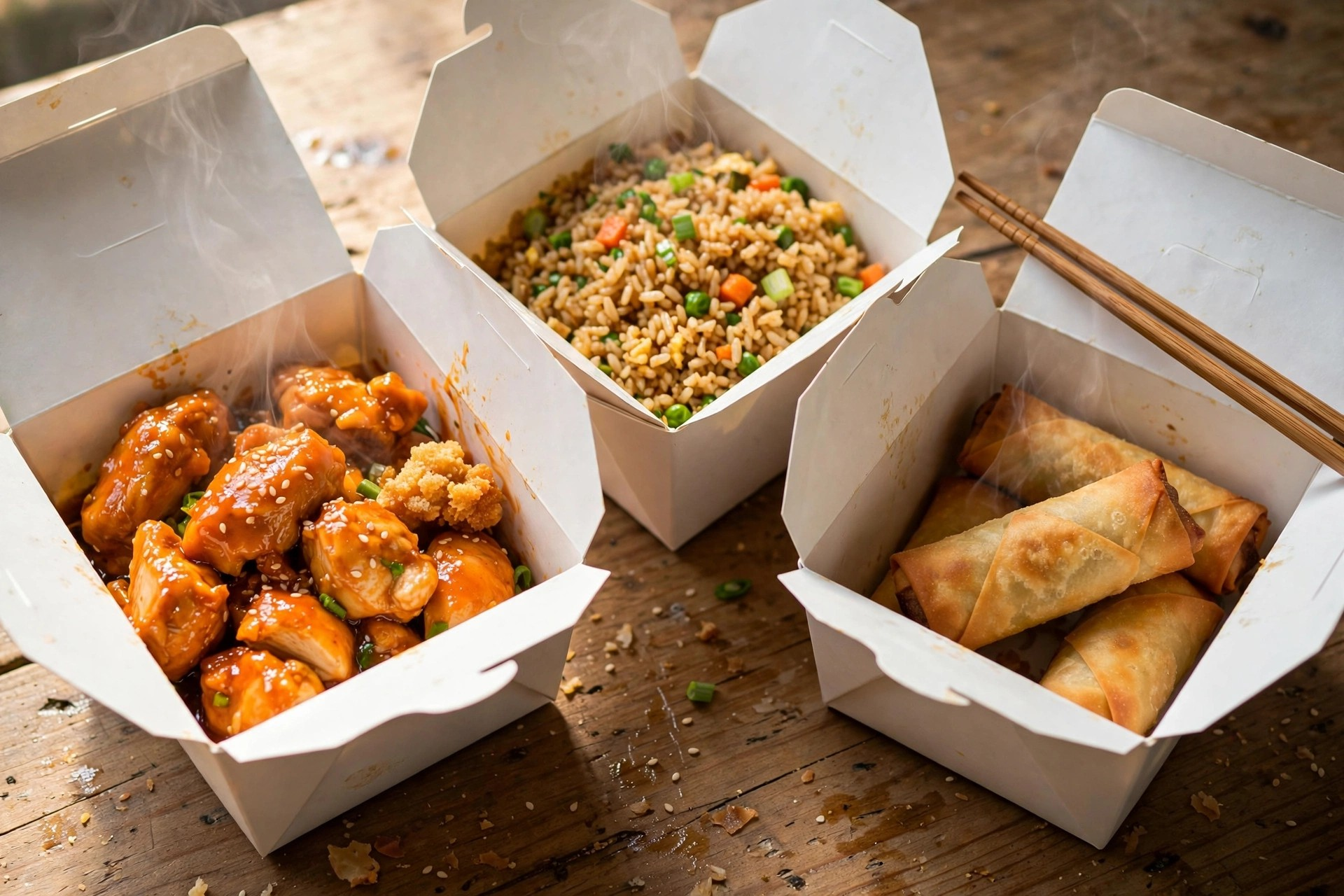 American Chinese takeout spread with orange chicken, fried rice, and egg rolls in white takeout boxes