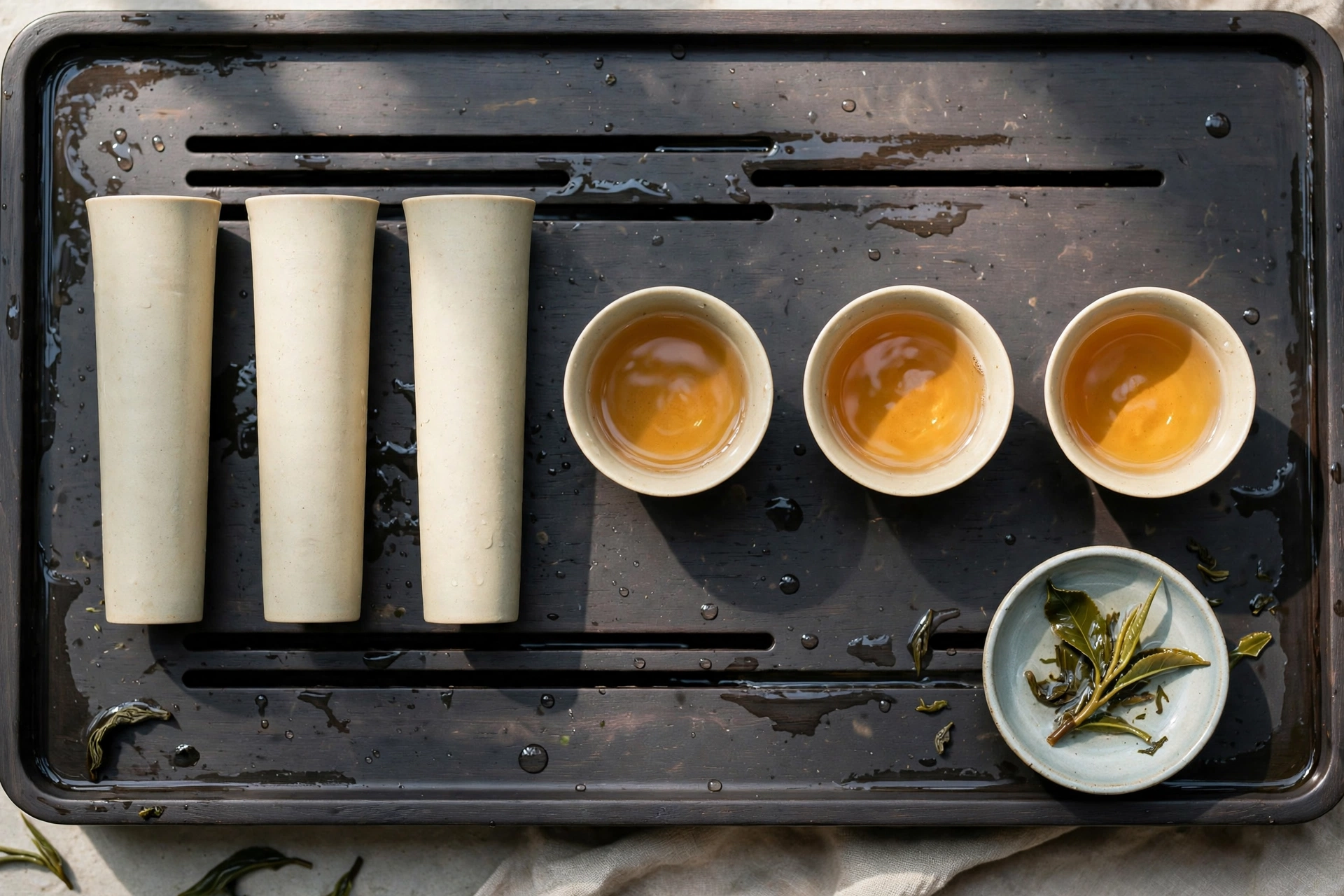 Overhead view of aroma cups and tasting cups of golden tea on a dark tea tray with unfurled leaves
