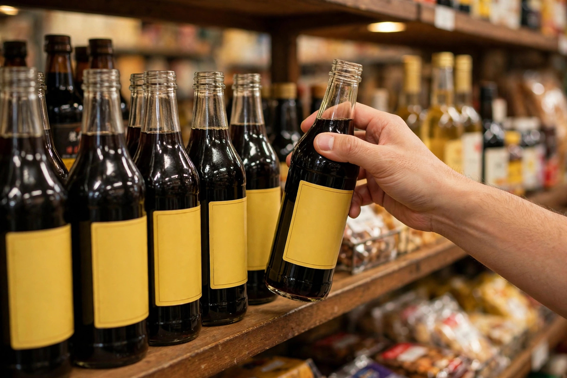 Bottles of Chinkiang black vinegar with yellow labels on a pantry shelf