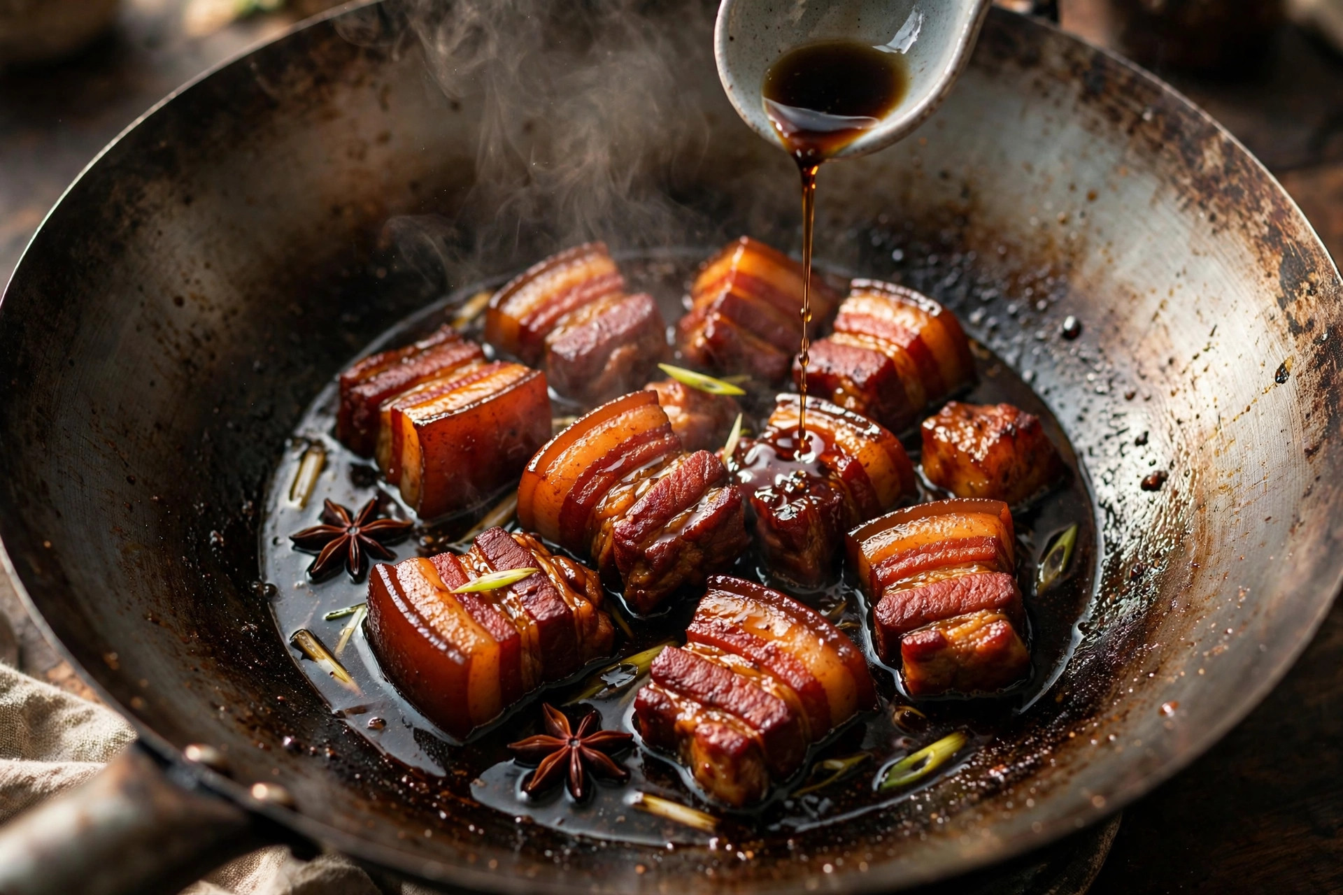 A wok with braised pork in glossy dark sauce being finished with a splash of black vinegar