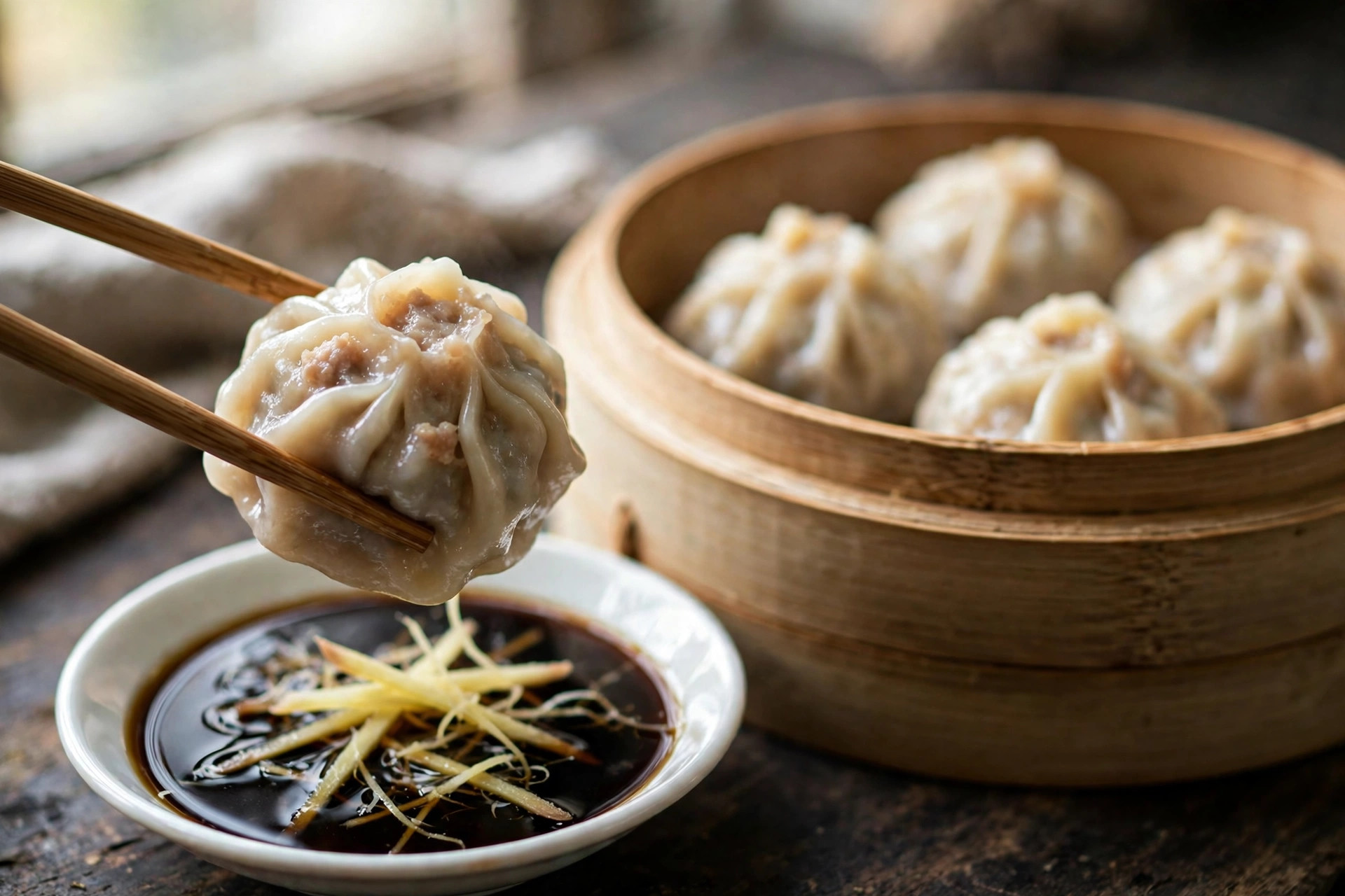 A small dish of Chinese black vinegar with julienned ginger beside steamed dumplings