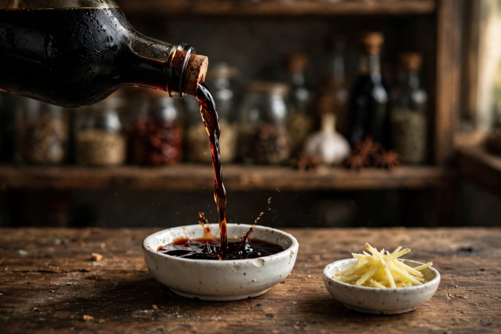 Dark Chinese black vinegar being poured from a bottle into a small white dipping dish, with julienned ginger nearby