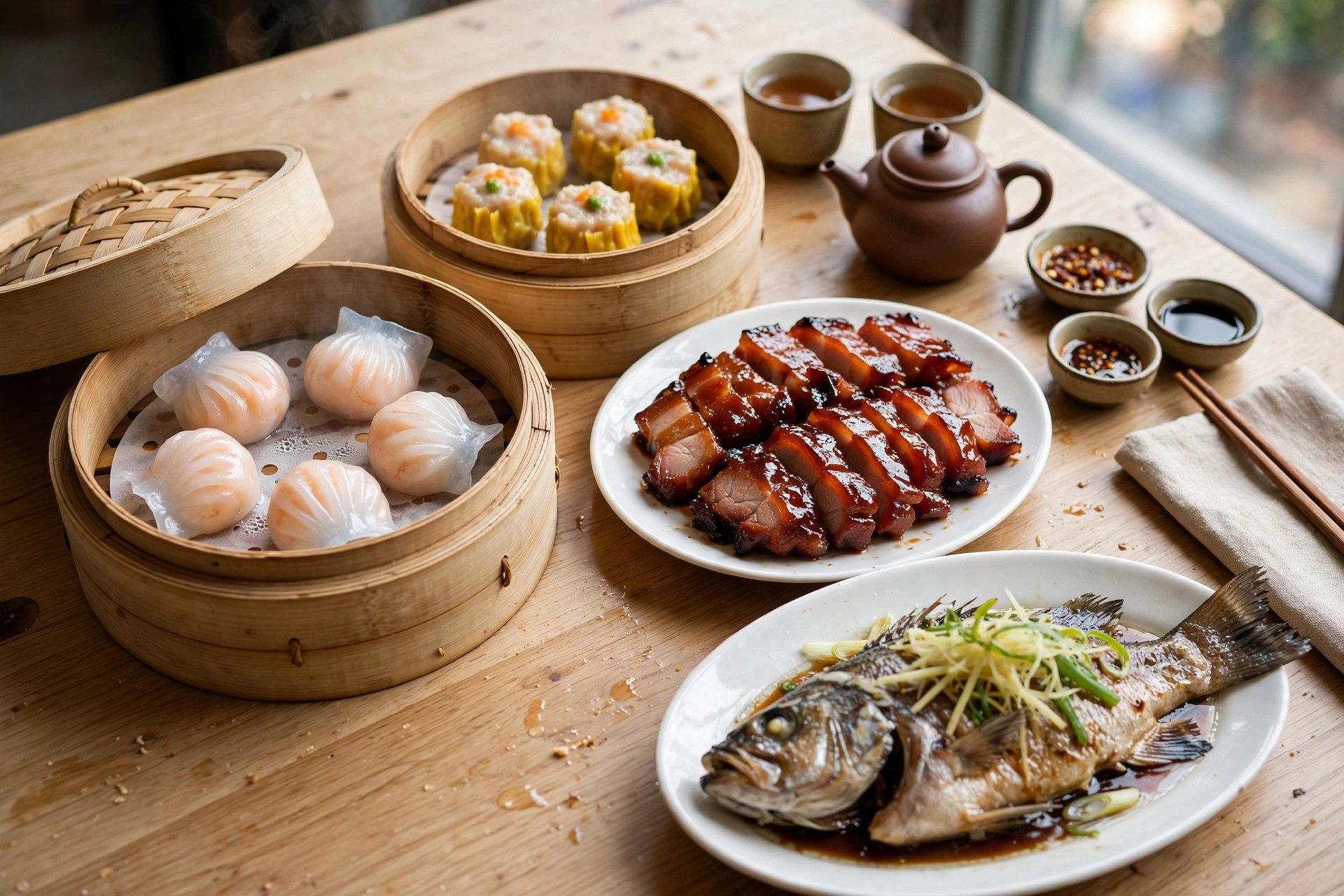 Cantonese spread: dim sum steamers, char siu pork, steamed fish with ginger