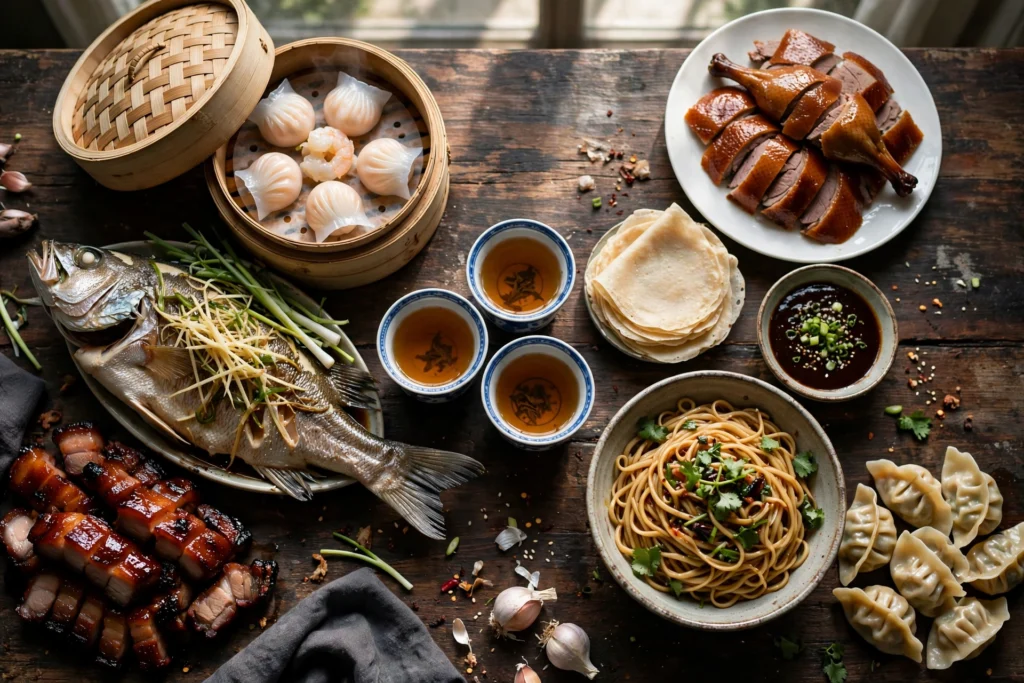 Overhead spread of Cantonese dim sum, steamed fish and char siu beside Peking duck, noodles and dumplings