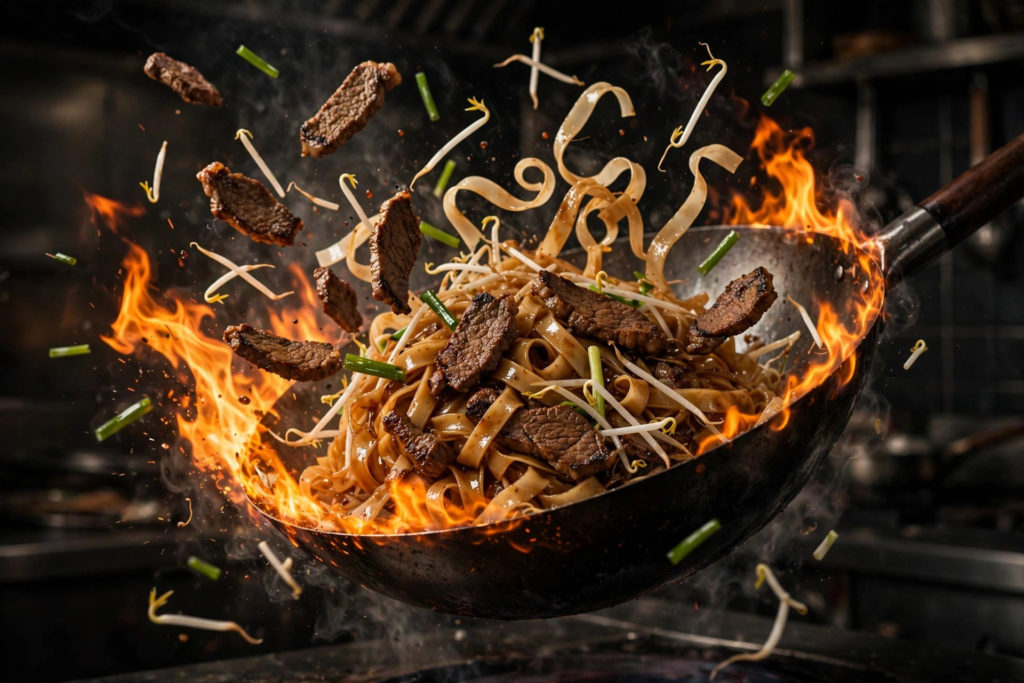 Beef chow fun being tossed in a flaming wok, wide rice noodles with seared beef and bean sprouts