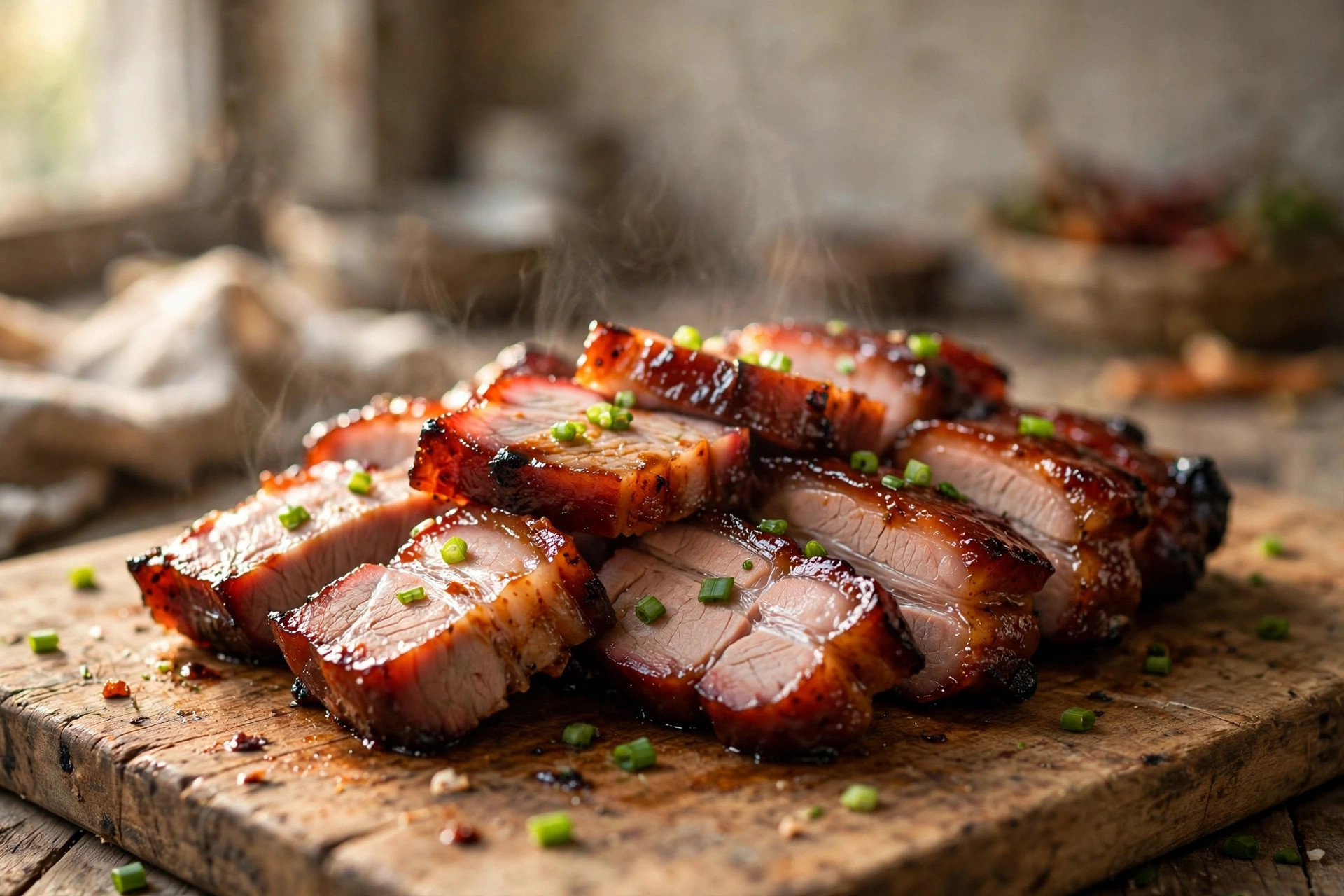 Sliced char siu barbecue pork with caramelized glaze and chopped scallions on a wooden cutting board