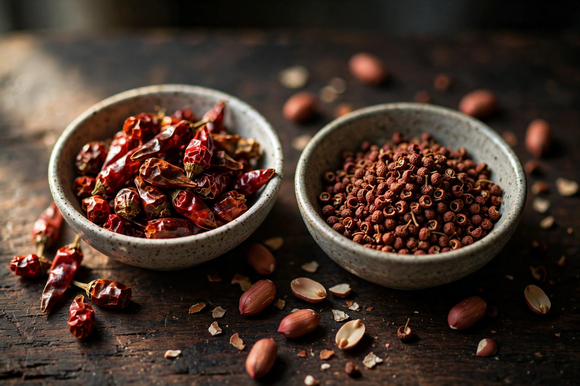 Small ceramic bowls of dried red chilies and Sichuan peppercorns with scattered peanuts