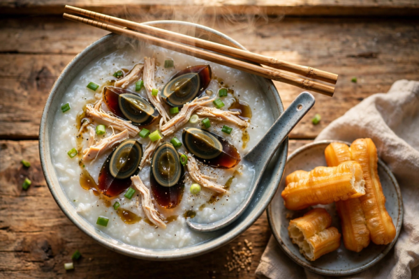 A steaming bowl of congee topped with century egg, shredded chicken and scallions, with youtiao on the side