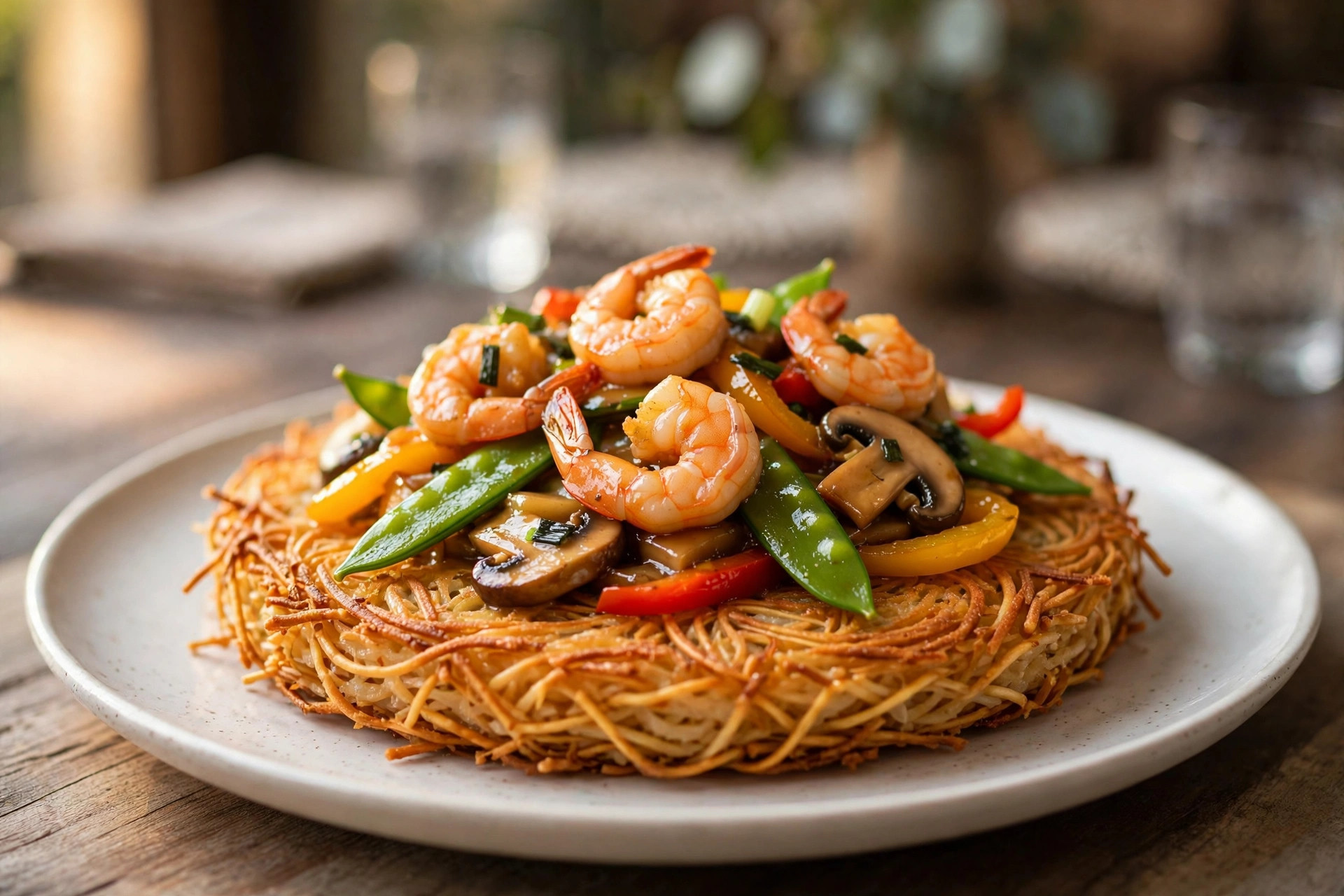 Hong Kong-style crispy chow mein: a golden pan-fried noodle cake topped with shrimp, snow peas, peppers and mushrooms