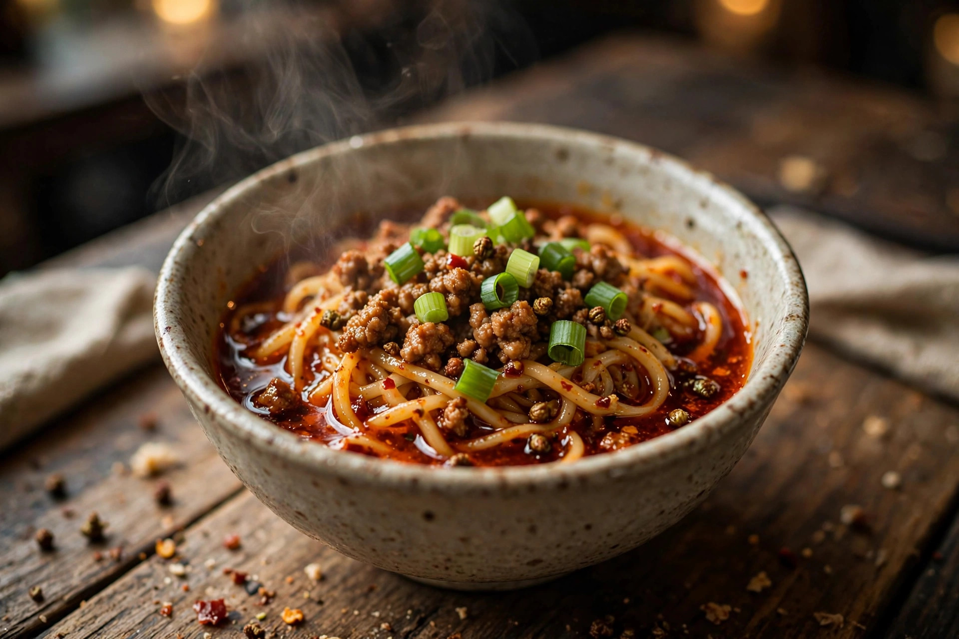 A bowl of dan dan noodles with red chili oil, minced pork, and scallions
