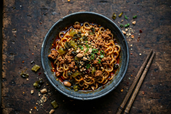 Small bowl of dan dan noodles in red chili oil with minced pork, preserved greens, and peanuts