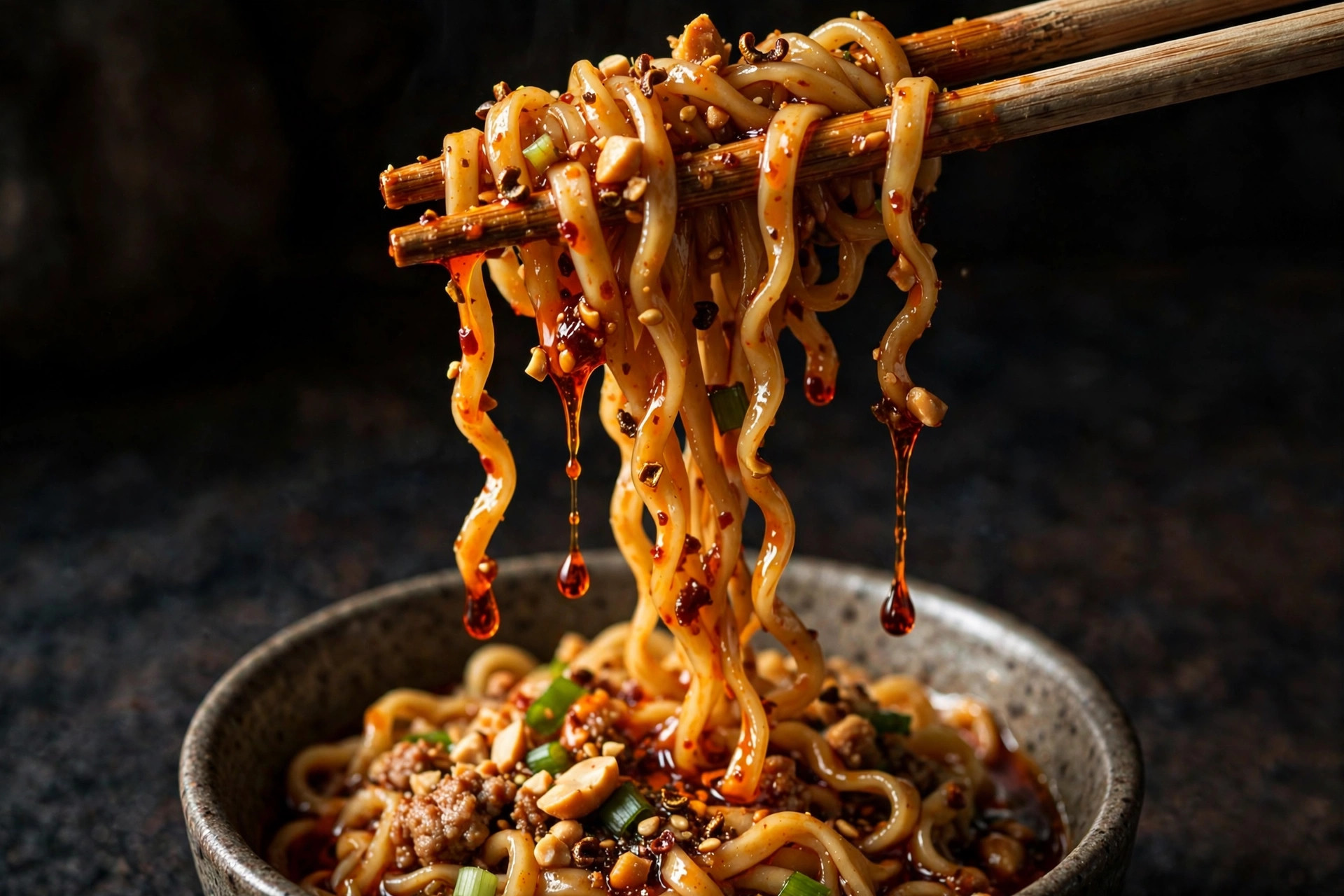 Chopsticks lifting dan dan noodles coated in red chili oil sauce from a bowl
