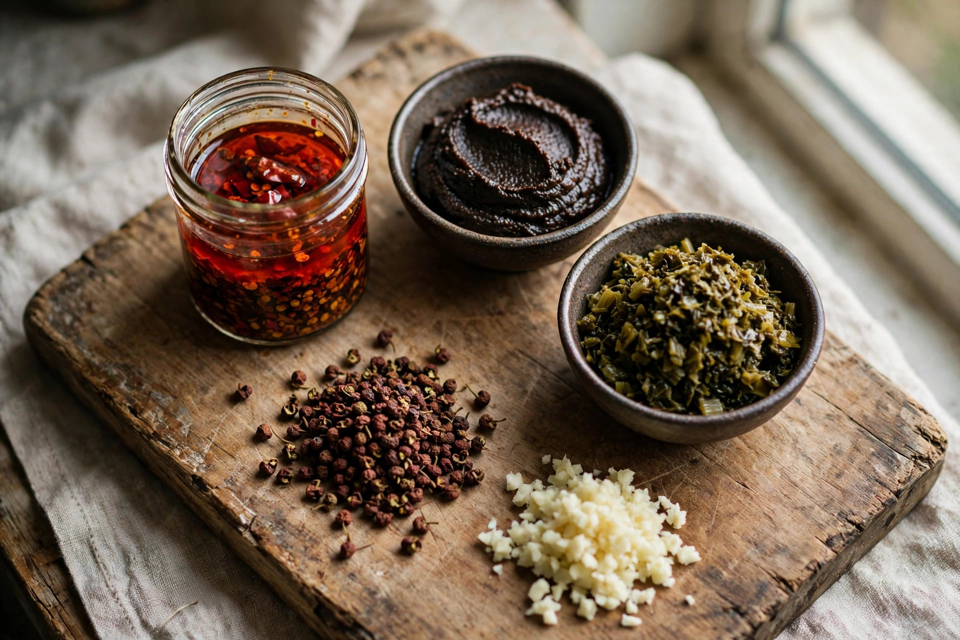 Chili oil, sesame paste, and preserved mustard greens laid out for dan dan noodles