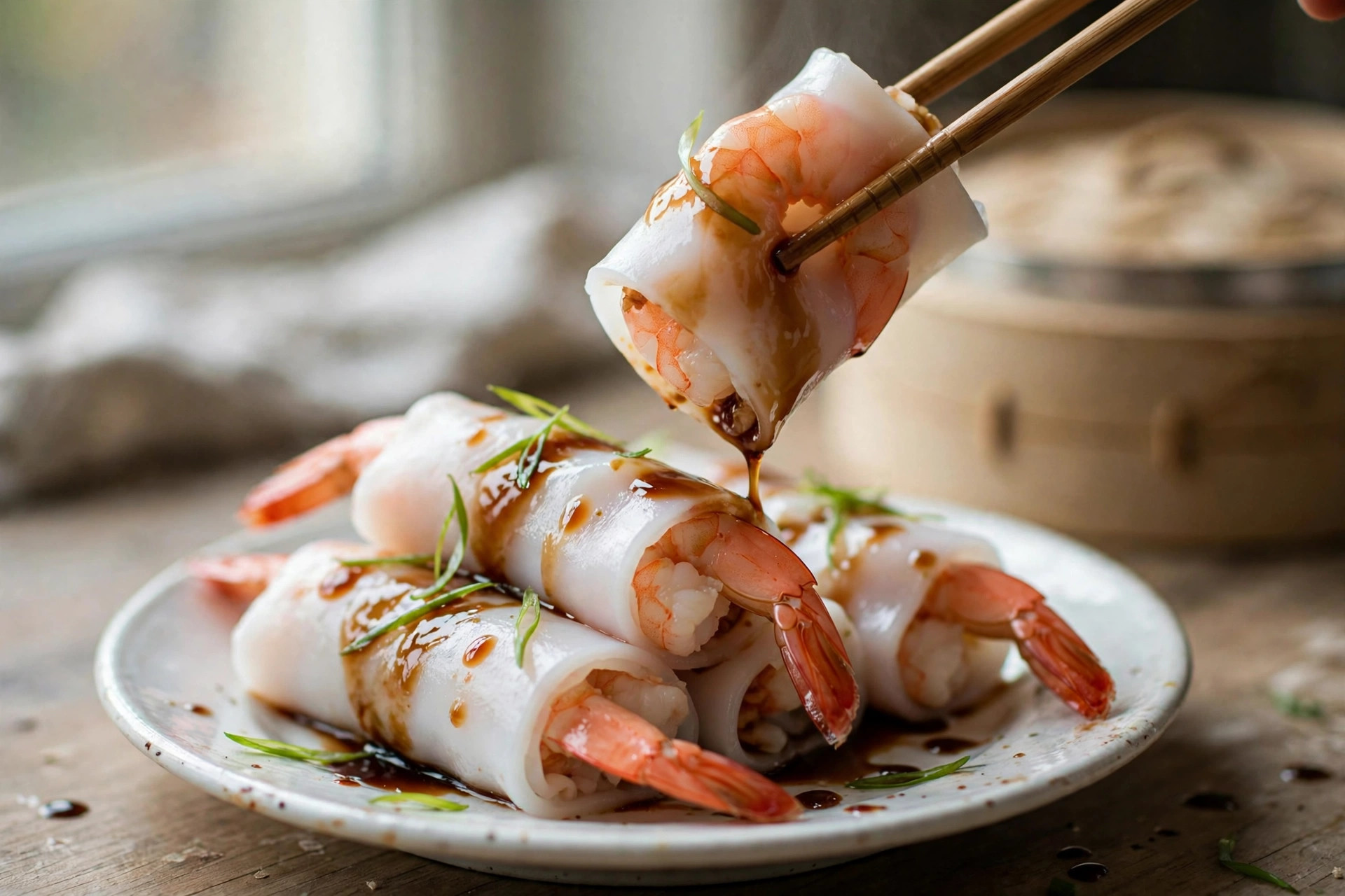 Cheung fun rice noodle rolls with shrimp and sweet soy sauce on a small plate