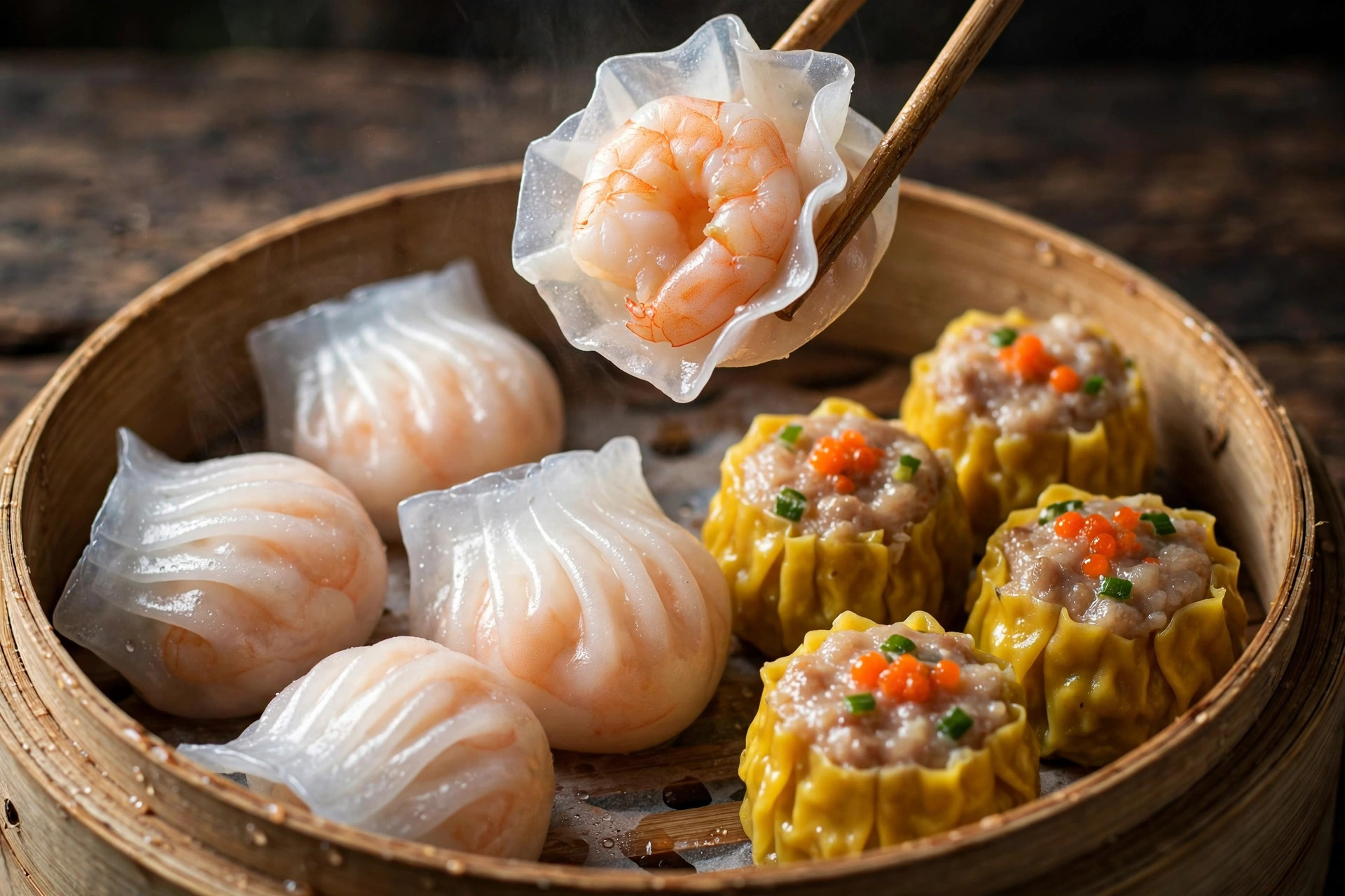 Close-up of har gow shrimp dumplings and siu mai in a bamboo steamer