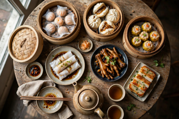 Overhead spread of Cantonese dim sum: bamboo steamers with dumplings, rice noodle rolls, chicken feet, turnip cake, teapot and tea cups