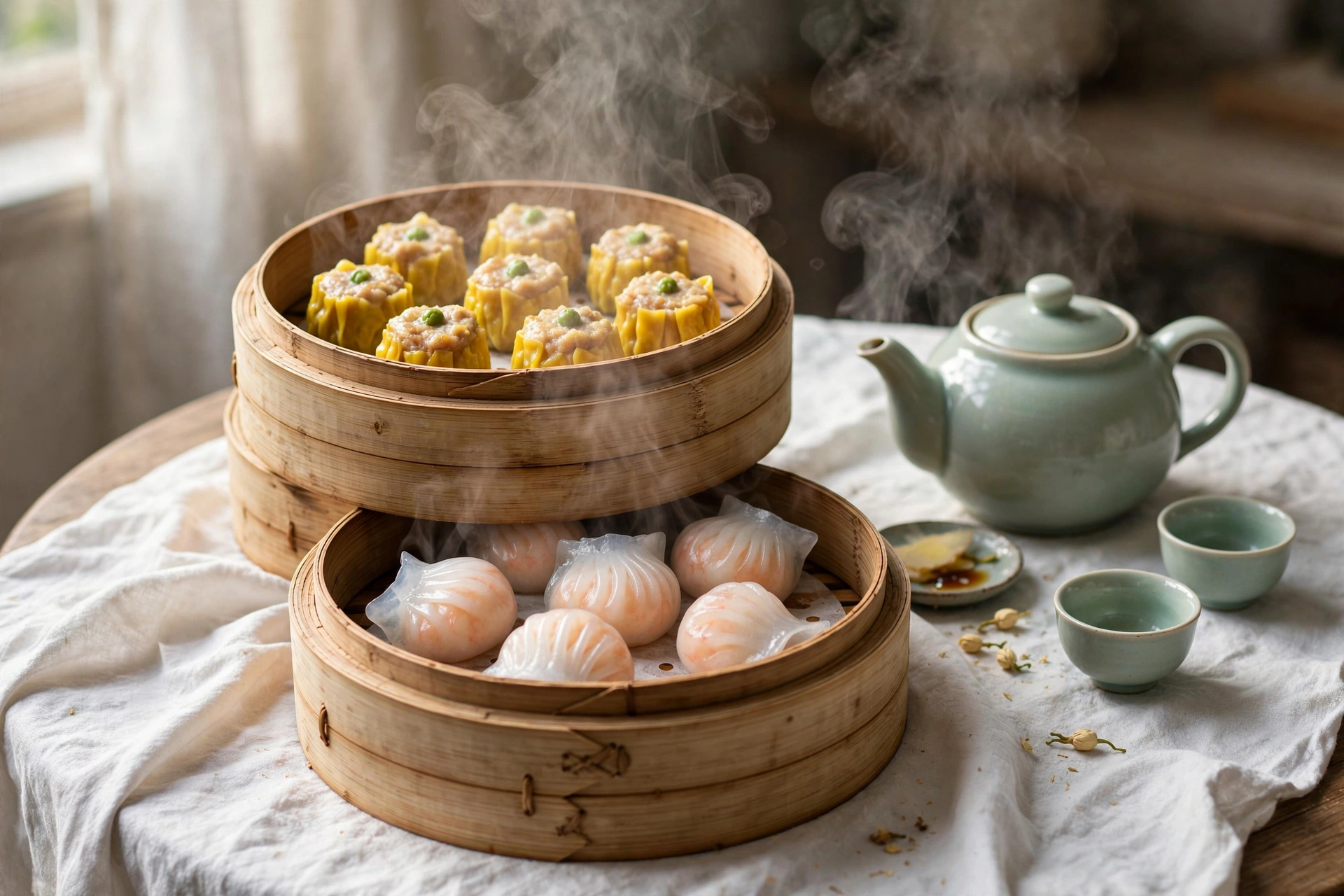Bamboo steamers stacked with har gow shrimp dumplings and siu mai at a dim sum table