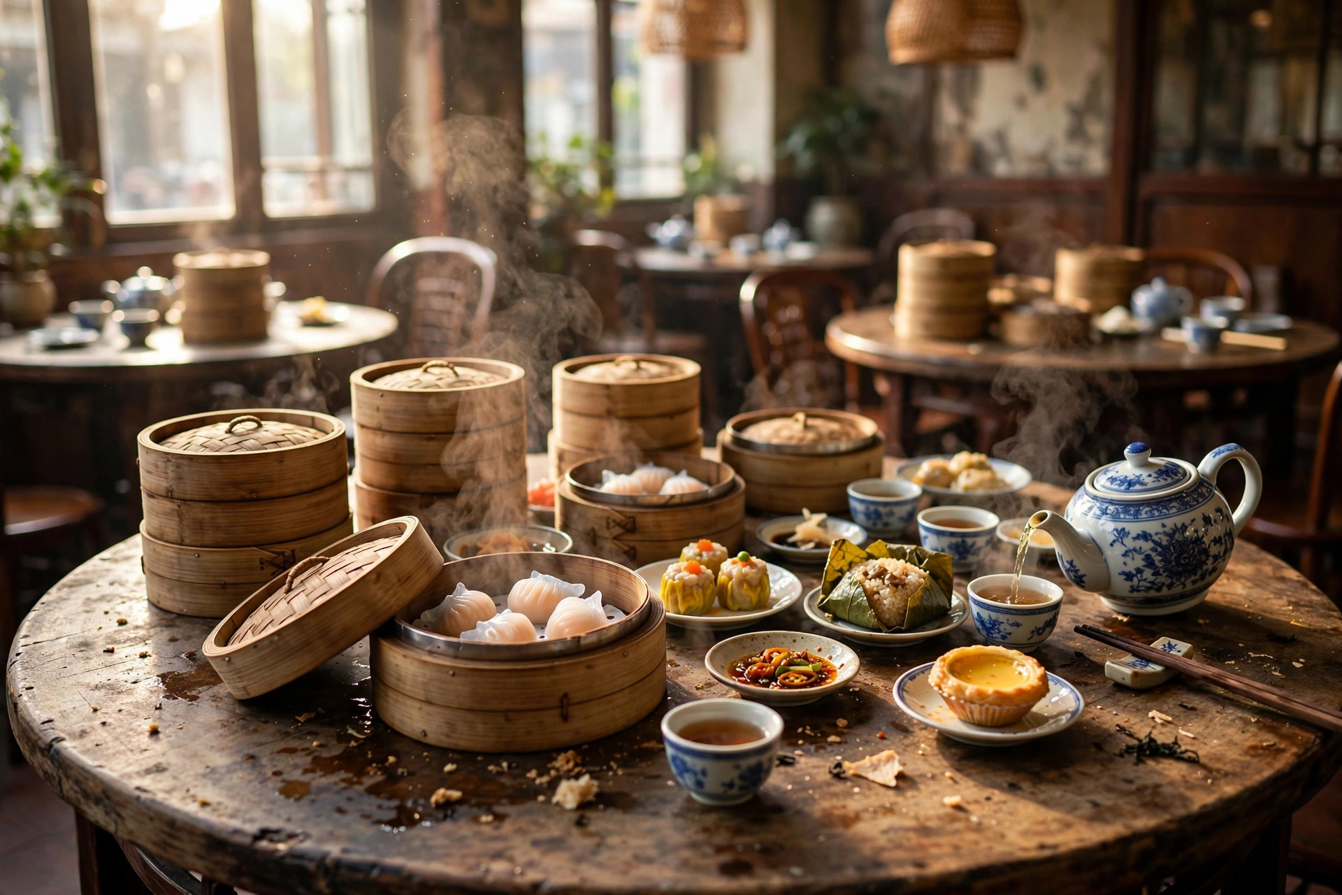 A crowded Cantonese teahouse table with bamboo steamers, small plates, and a teapot