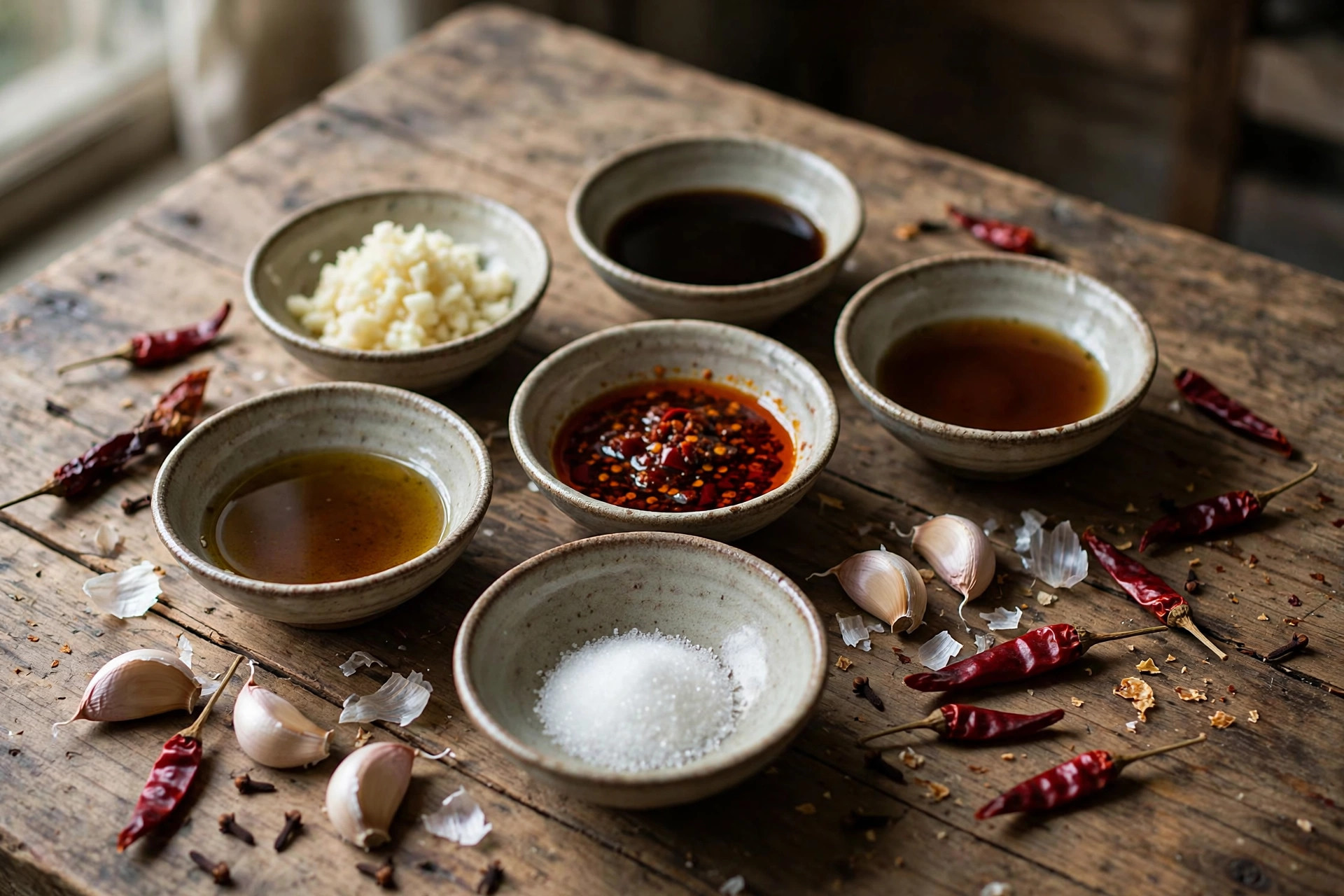 Small bowls of smashed cucumber salad dressing ingredients: minced garlic, black vinegar, soy sauce, sesame oil, chili oil and sugar