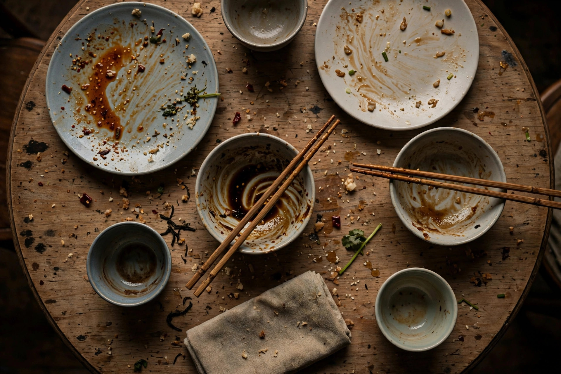 Overhead view of a finished Chinese family-style meal with empty shared plates and teacups