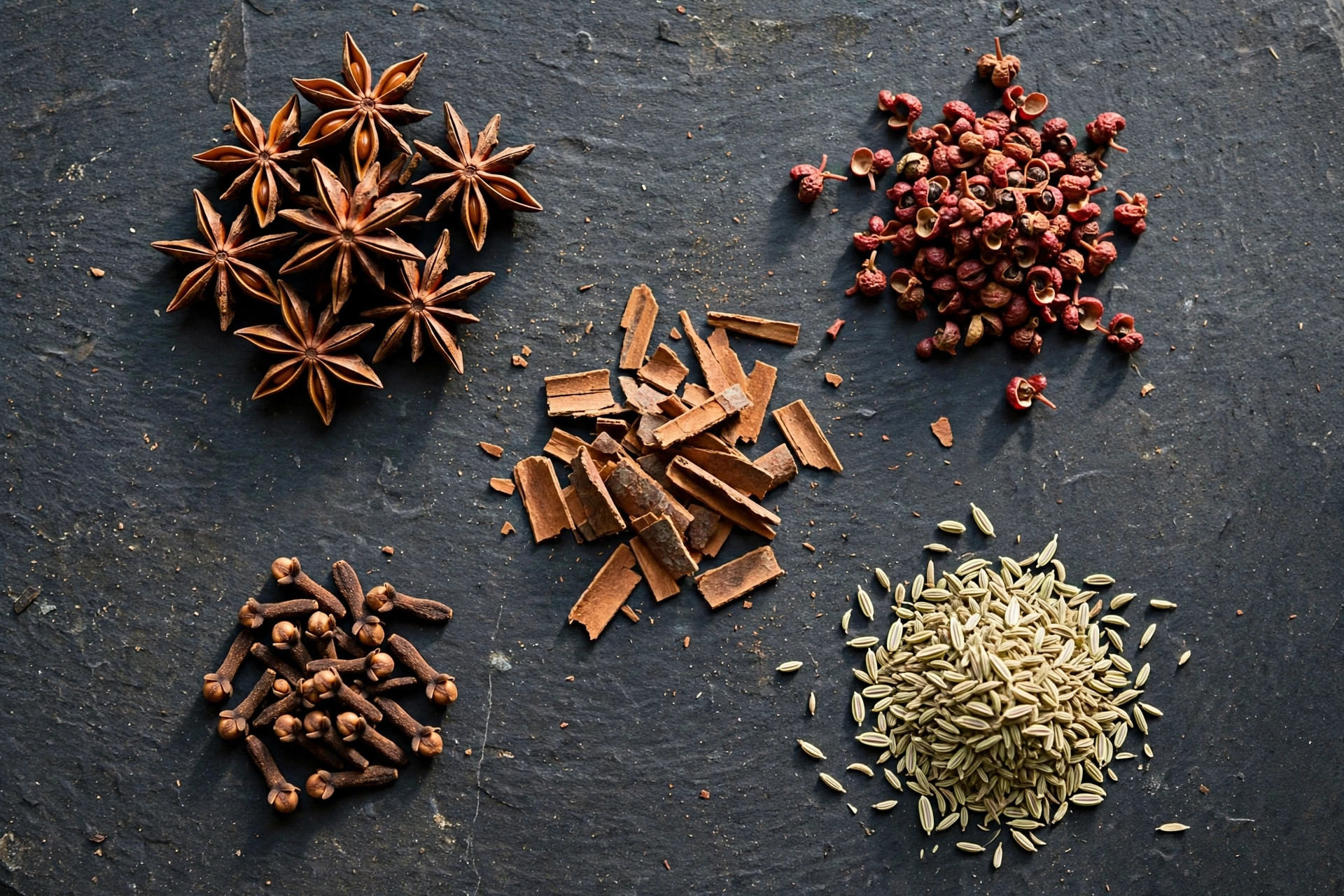 The five whole spices of five-spice powder arranged in separate piles: star anise, Sichuan peppercorns, cassia bark, cloves, and fennel seeds