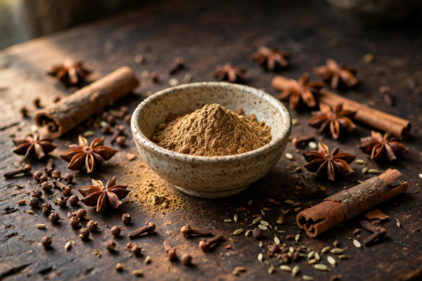 A ceramic bowl of five-spice powder surrounded by star anise, cinnamon sticks, Sichuan peppercorns, cloves and fennel seeds