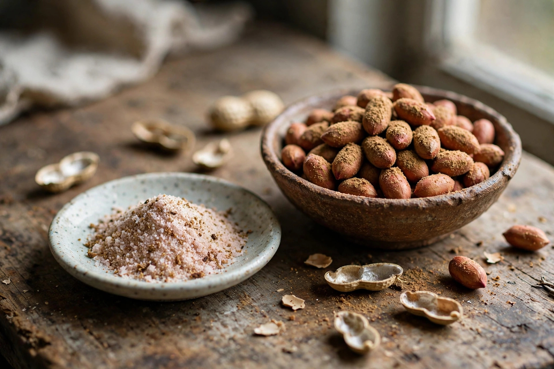 A small dish of five-spice seasoned salt beside a rustic bowl of five-spice roasted peanuts