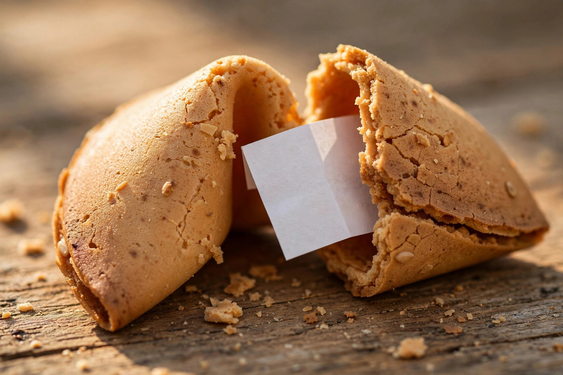 A fortune cookie cracked open with the paper fortune slip visible