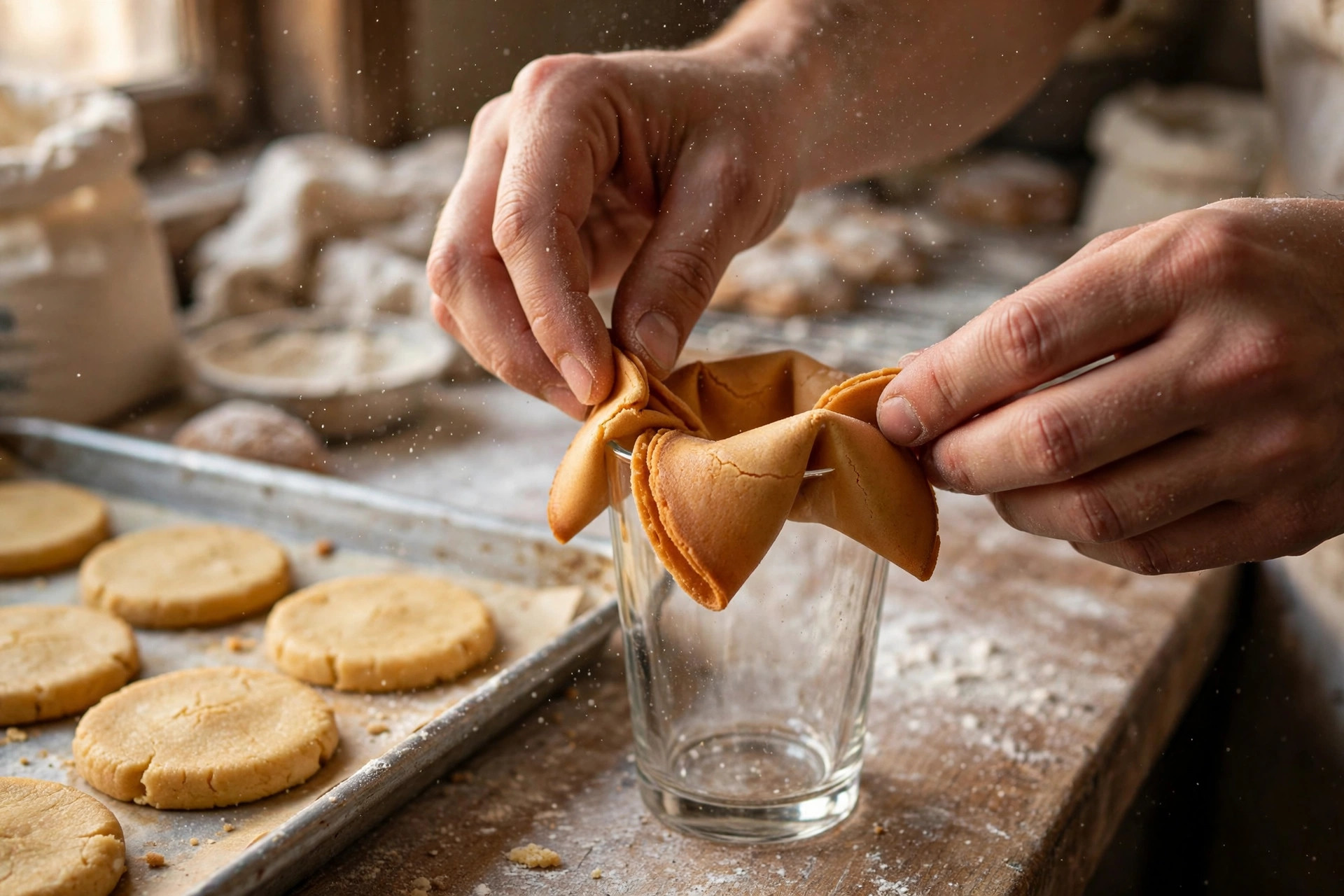 Hands folding a hot fortune cookie over the rim of a glass in a bakery
