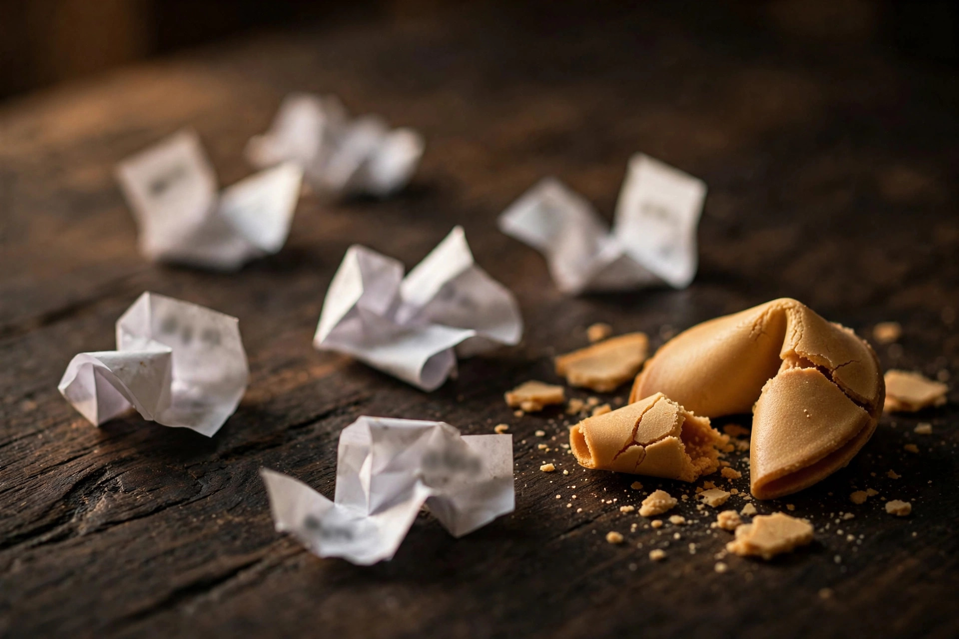Close-up of fortune cookie paper slips with fortunes and lucky numbers