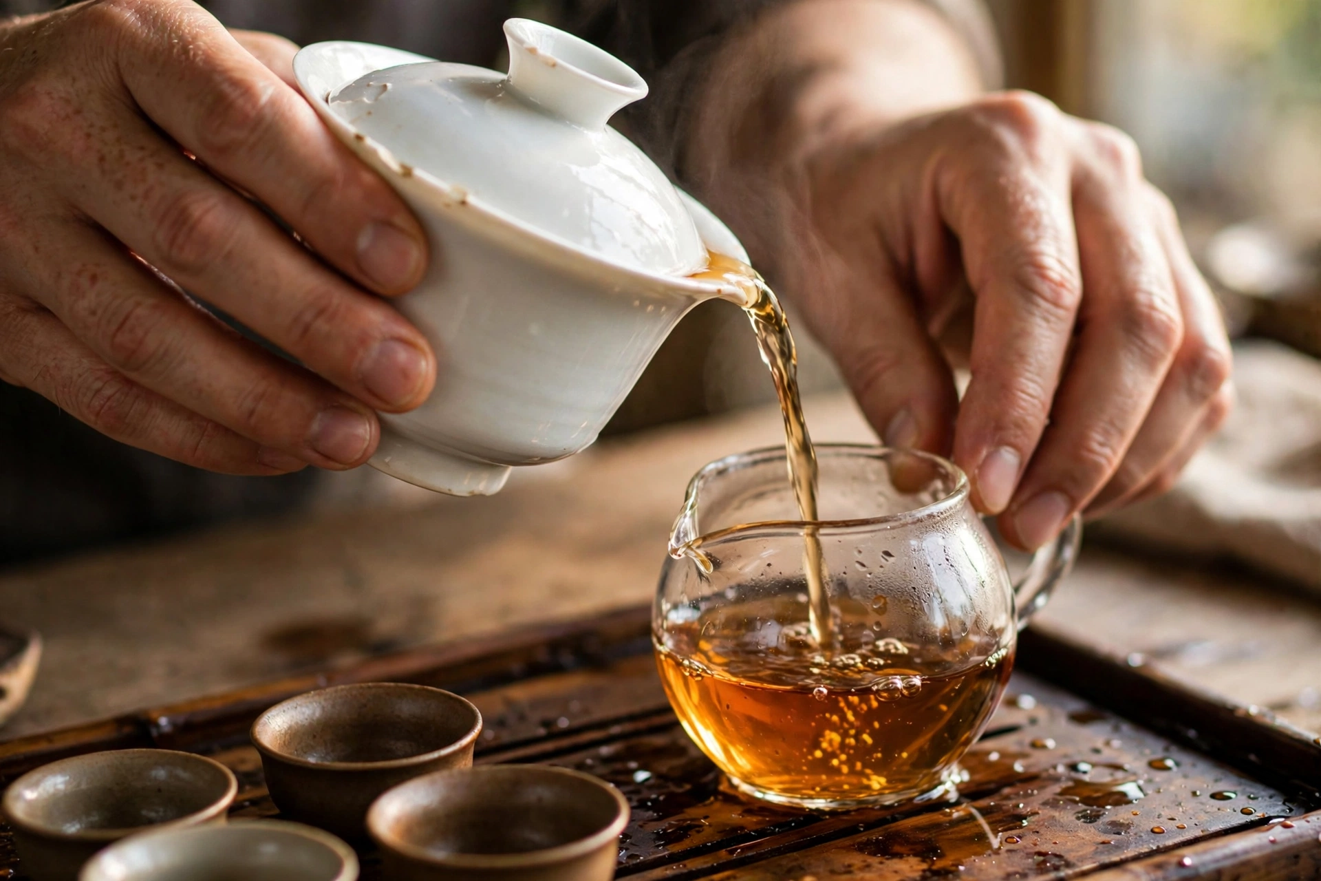 Hands pouring brewed amber tea from a white porcelain gaiwan into a glass fairness pitcher