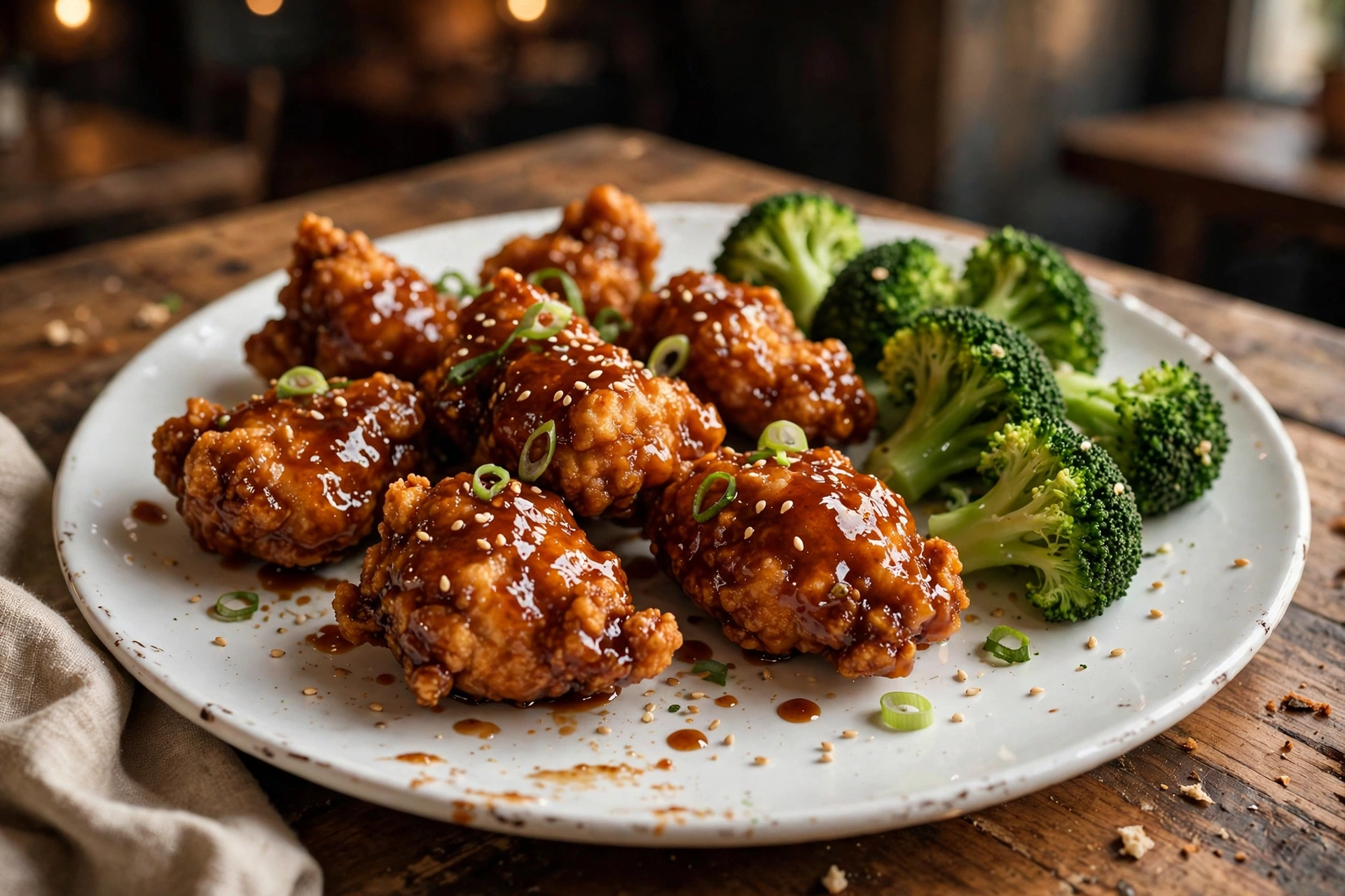 Crispy General Tso's chicken in glossy sweet sauce with broccoli on a white plate