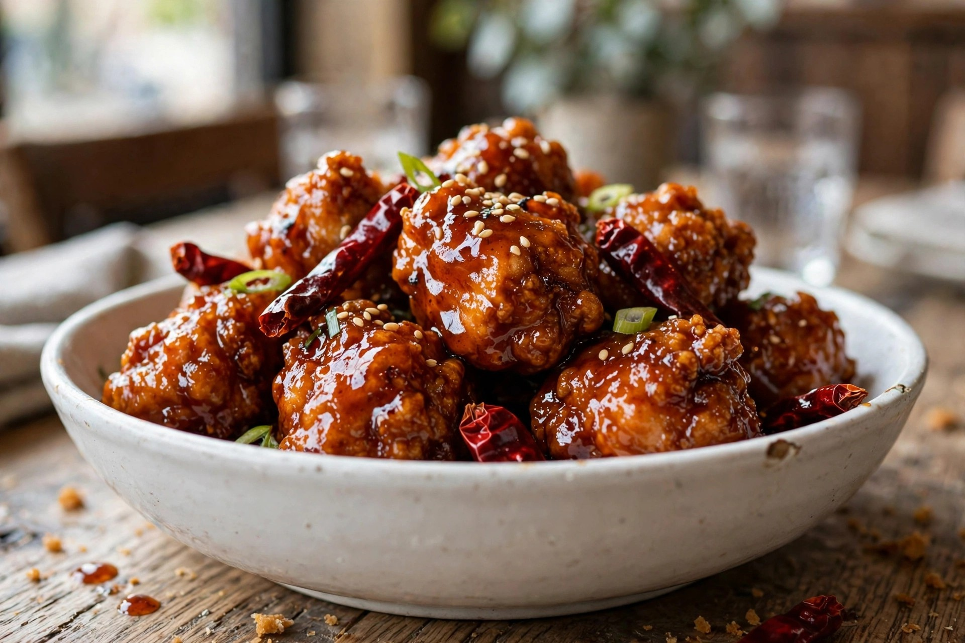 Close-up of General Tso's chicken, glossy deep-fried chicken pieces in sweet spicy sauce