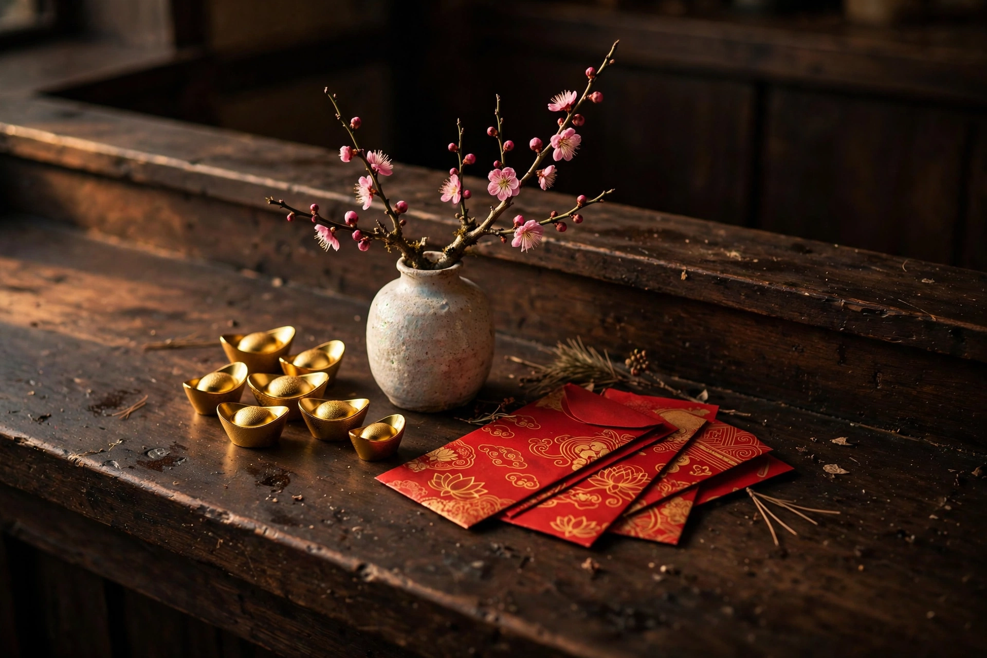 Golden ingot ornaments and red envelopes with gold patterns arranged on a dark wooden counter