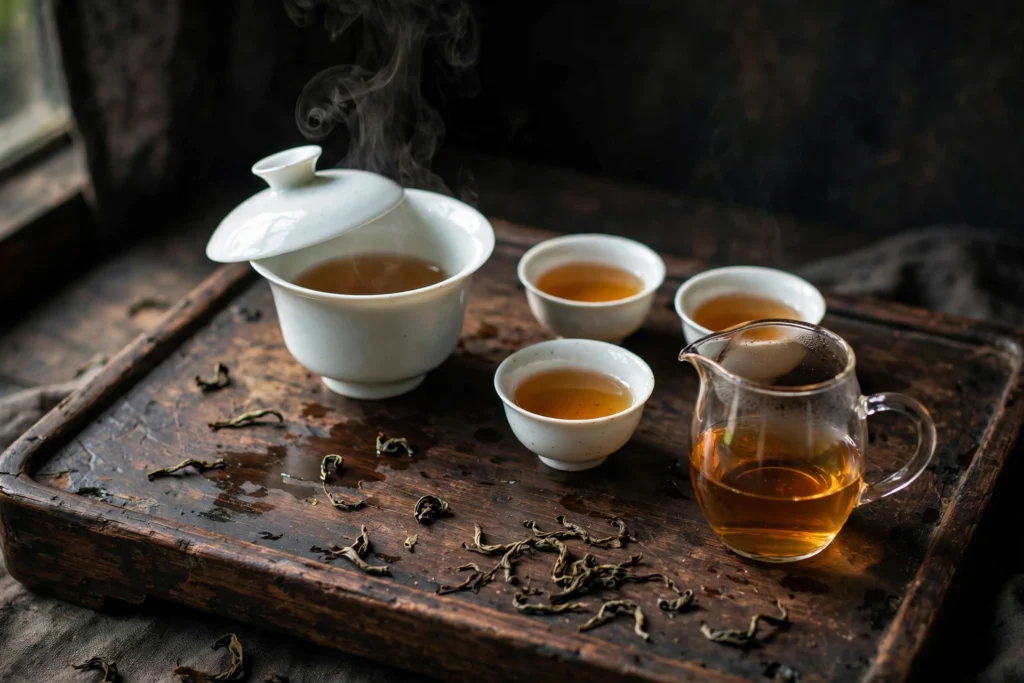 Chinese gongfu tea ceremony setup with steaming gaiwan, tasting cups and glass fairness pitcher