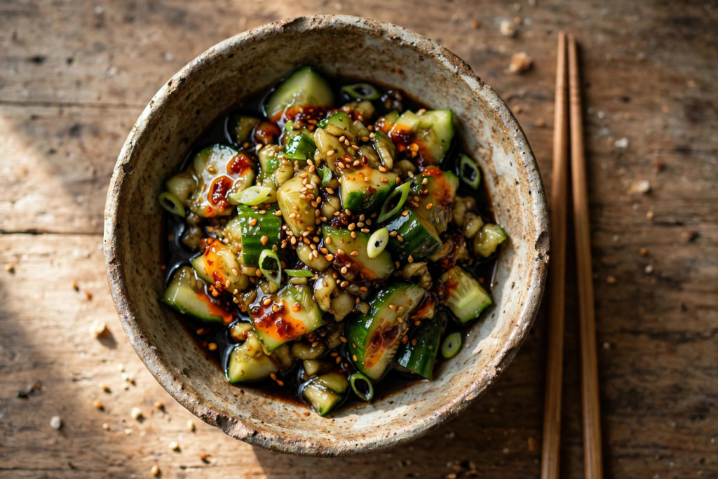 Overhead shot of Chinese smashed cucumber salad in a rustic ceramic bowl with chili oil, sesame seeds and scallions