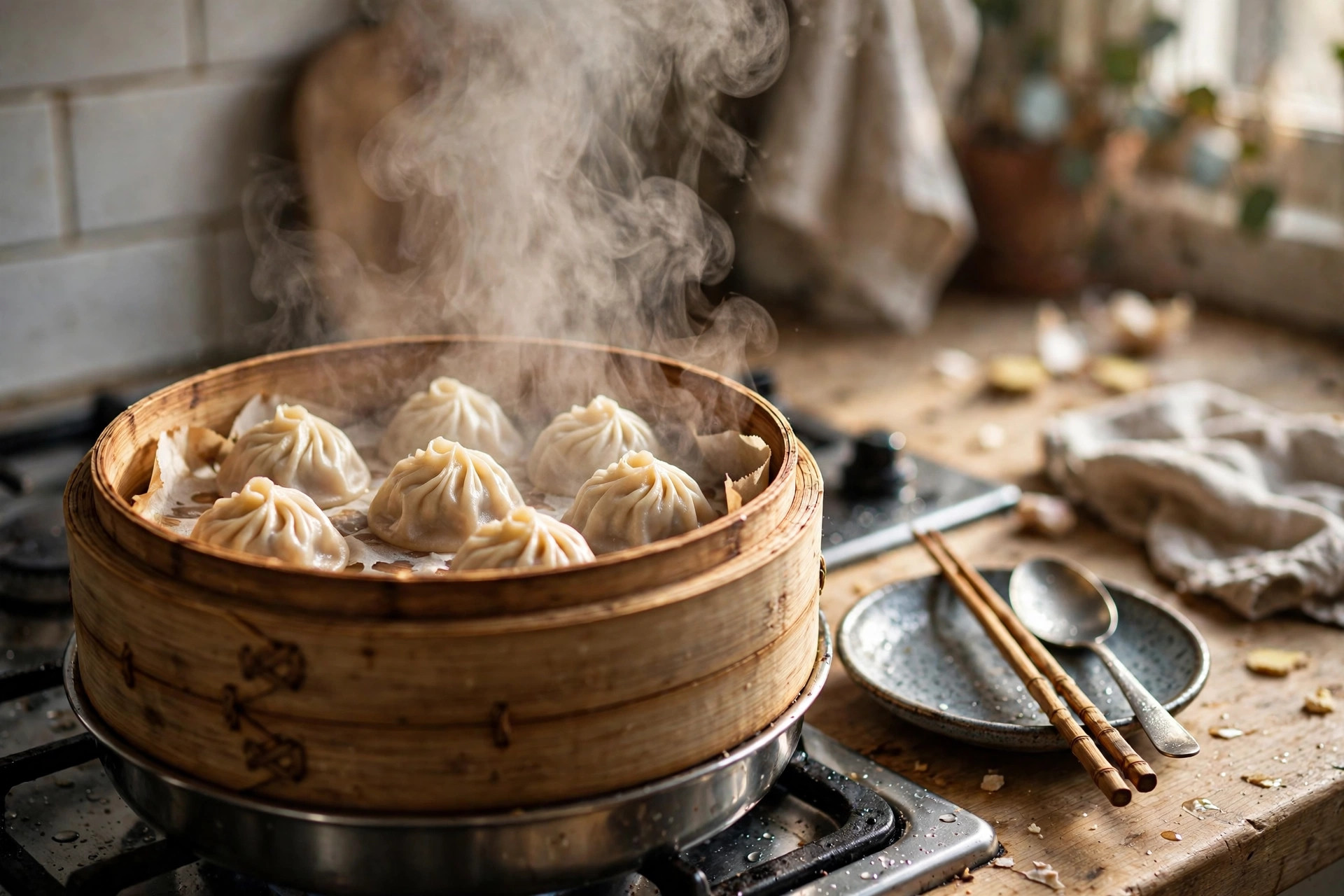 Frozen soup dumplings steaming in a bamboo basket at home, vapor rising