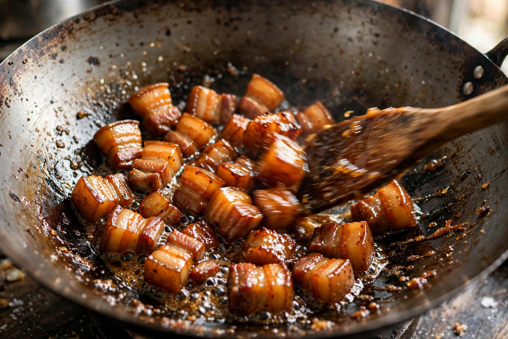 Pork belly cubes caramelizing in melted sugar in a wok