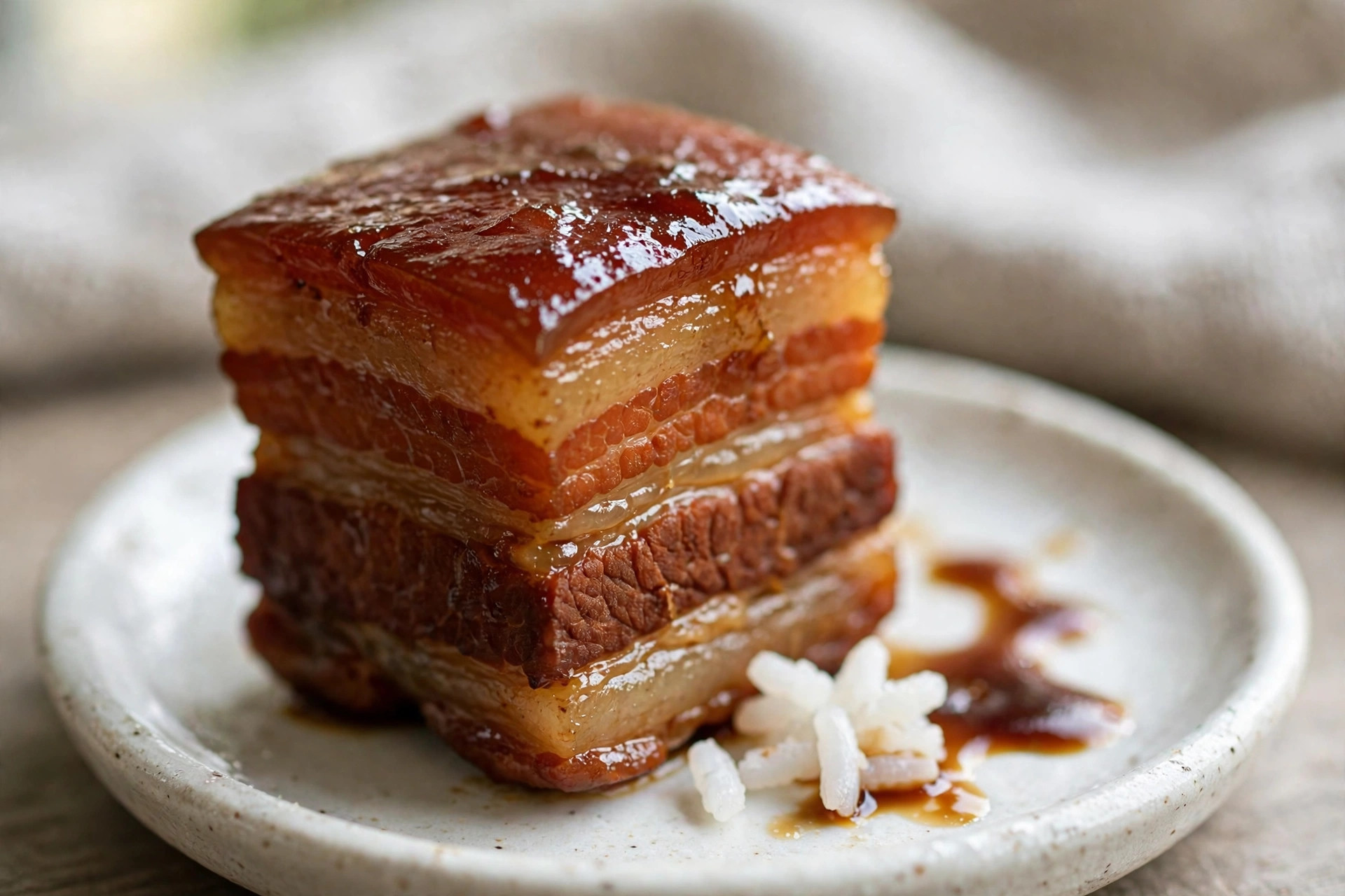 A glistening cube of red braised pork belly on a small dish with rice