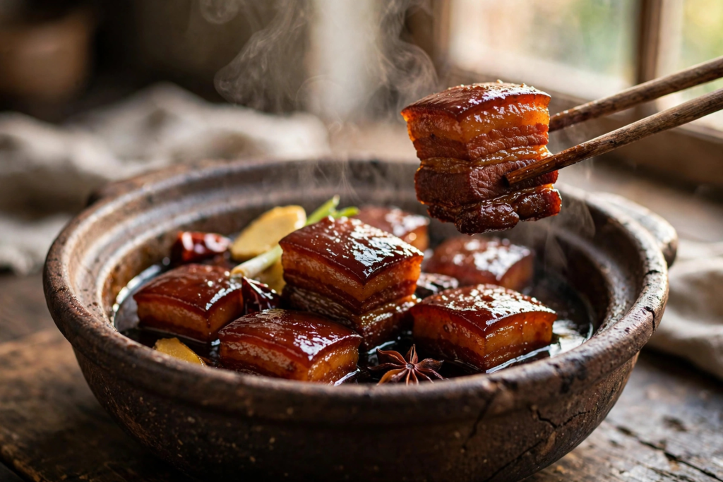 Glossy red braised pork belly cubes in a clay pot, one lifted with chopsticks