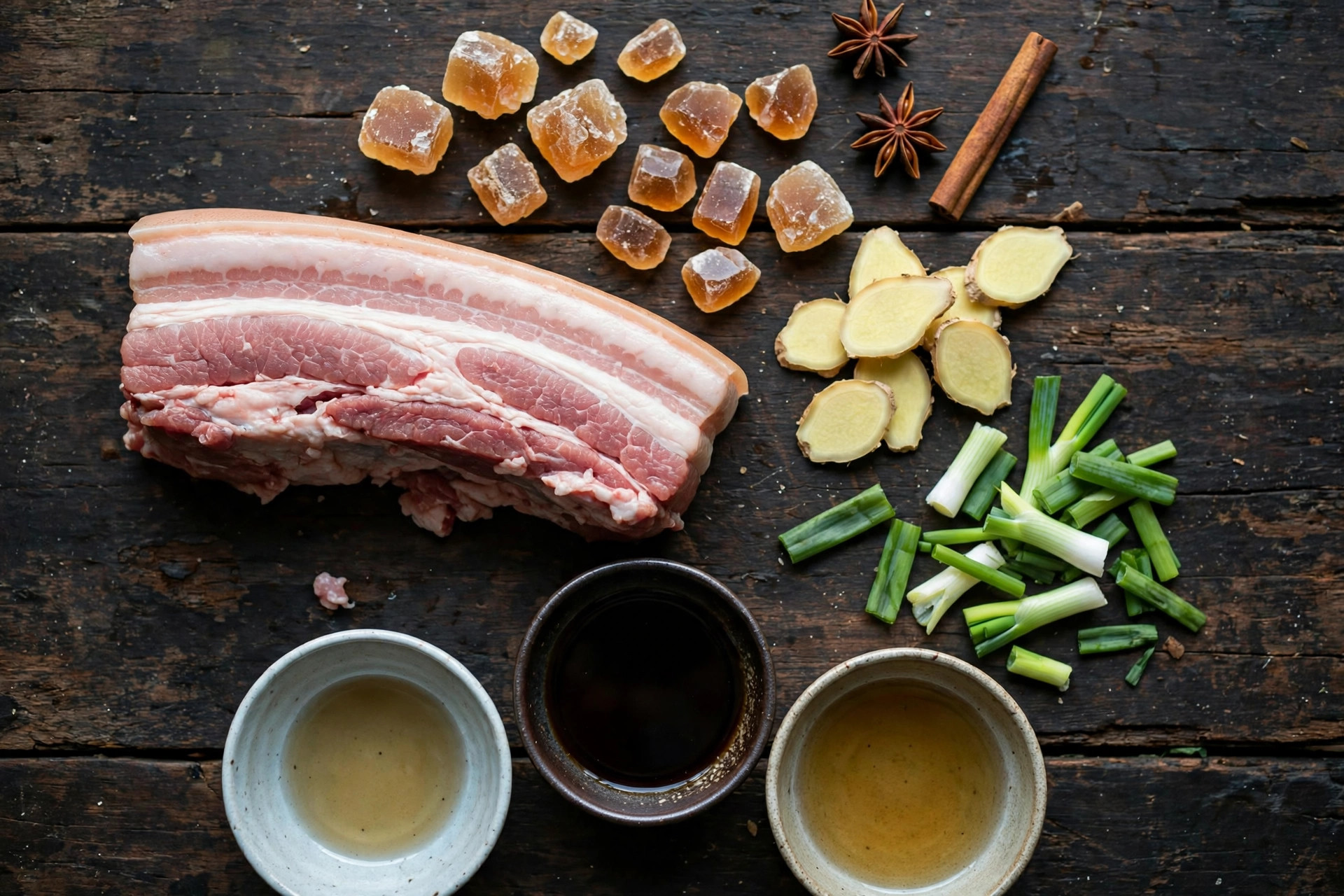 Ingredients for hong shao rou: pork belly, rock sugar, star anise, ginger, soy sauces