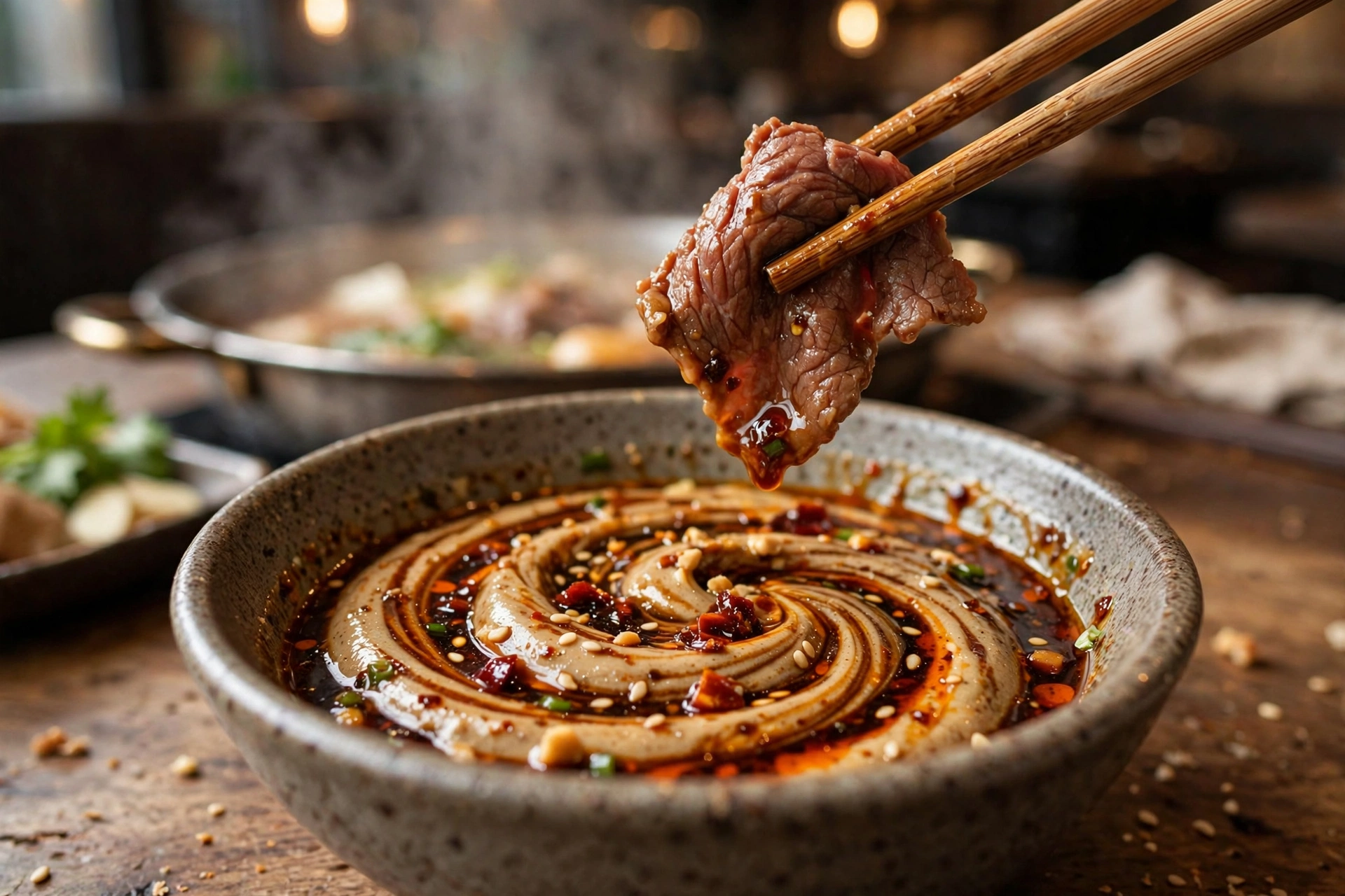 Chopsticks holding cooked beef above a swirled sesame paste hot pot dipping sauce
